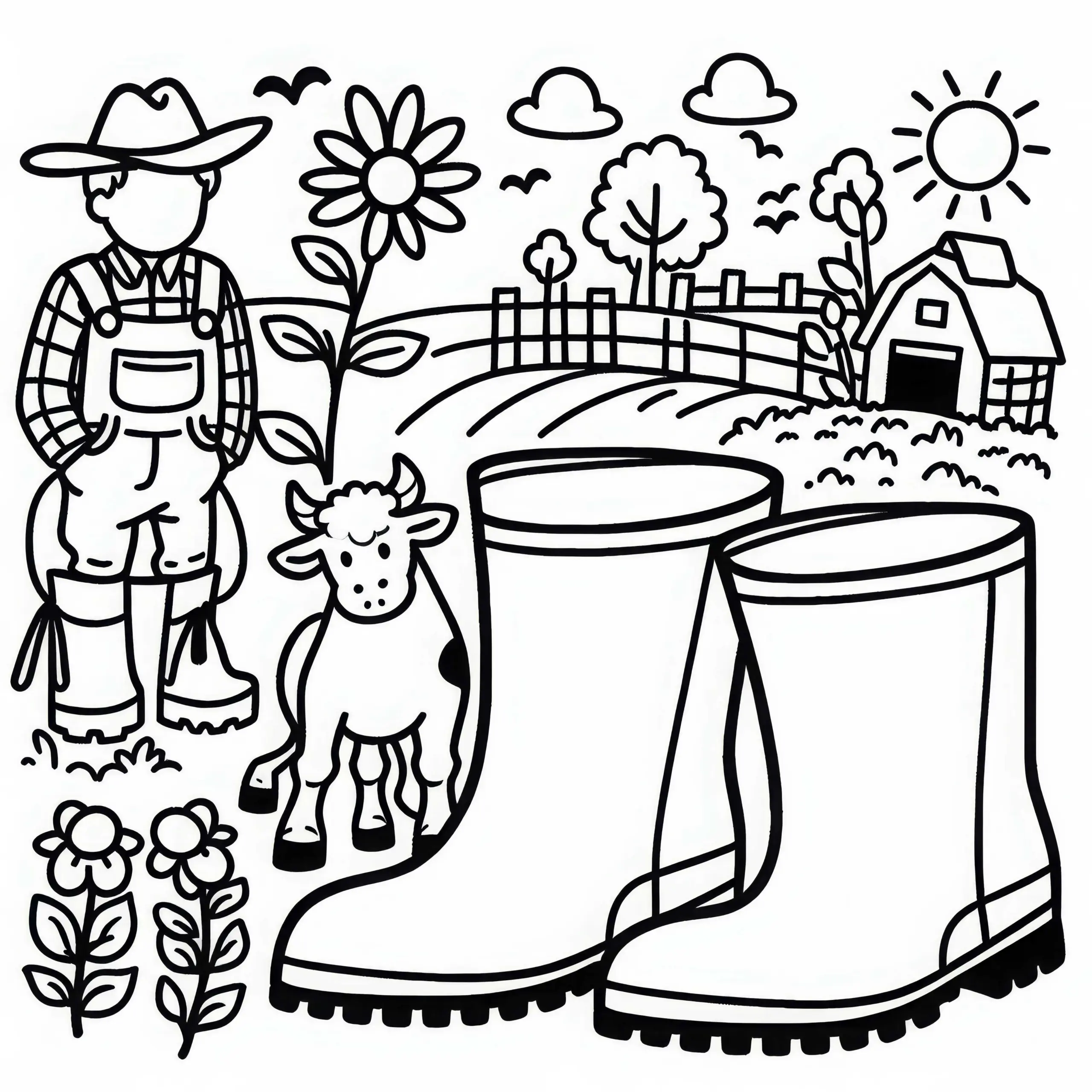 Gummistiefel für Bauern – Einfache Malvorlage kostenlos herunterladen (Ausmalbild)
