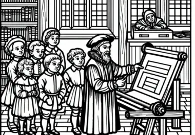 Gutenberg zeigt eine gedruckte Seite – Ausmalbild Buchdruck gratis