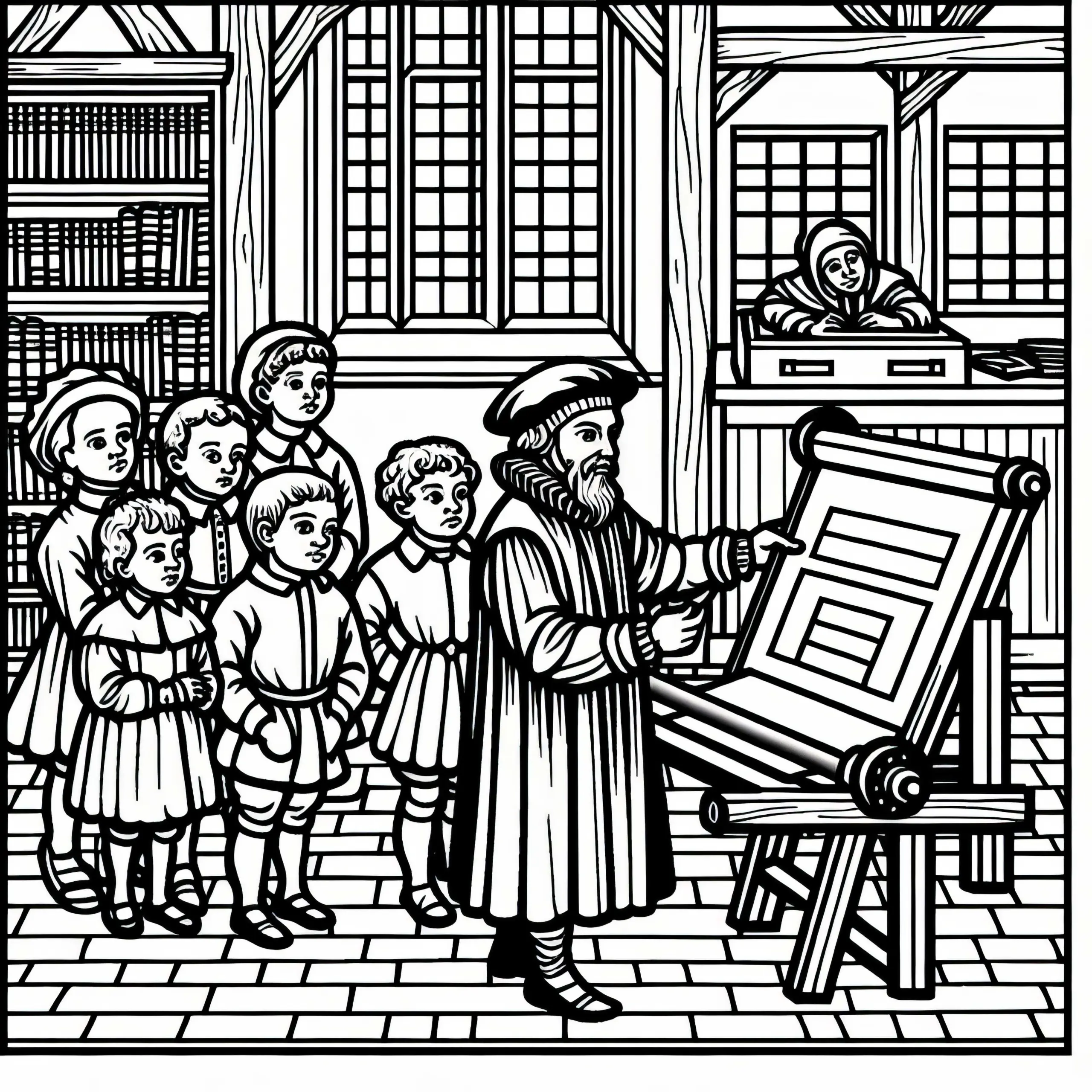 Gutenberg zeigt eine gedruckte Seite – Ausmalbild Buchdruck gratis