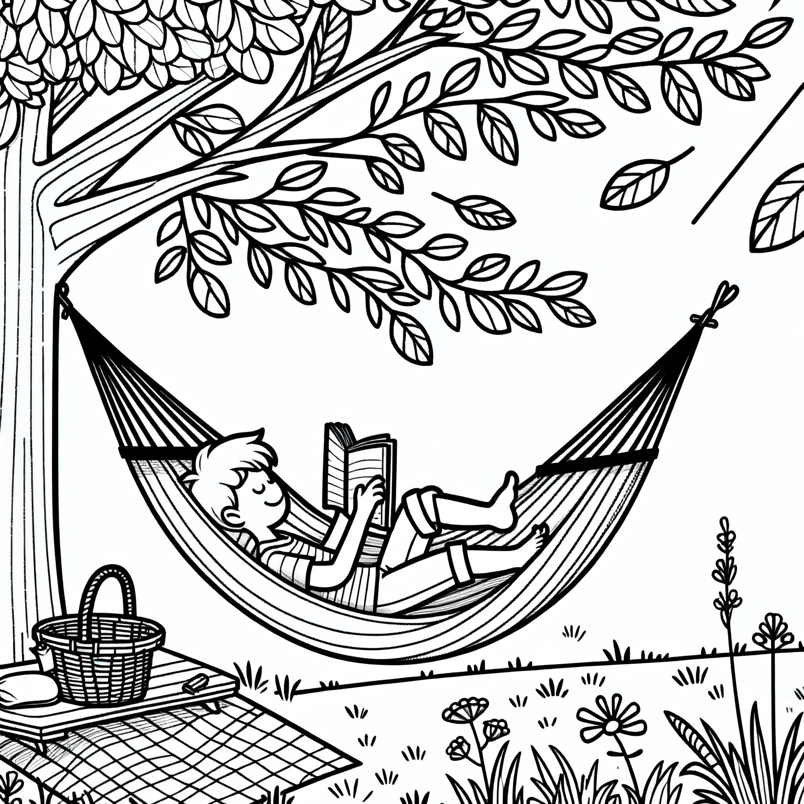 Hängematte im Garten: Ausmalbild zum Herunterladen (Gratis)