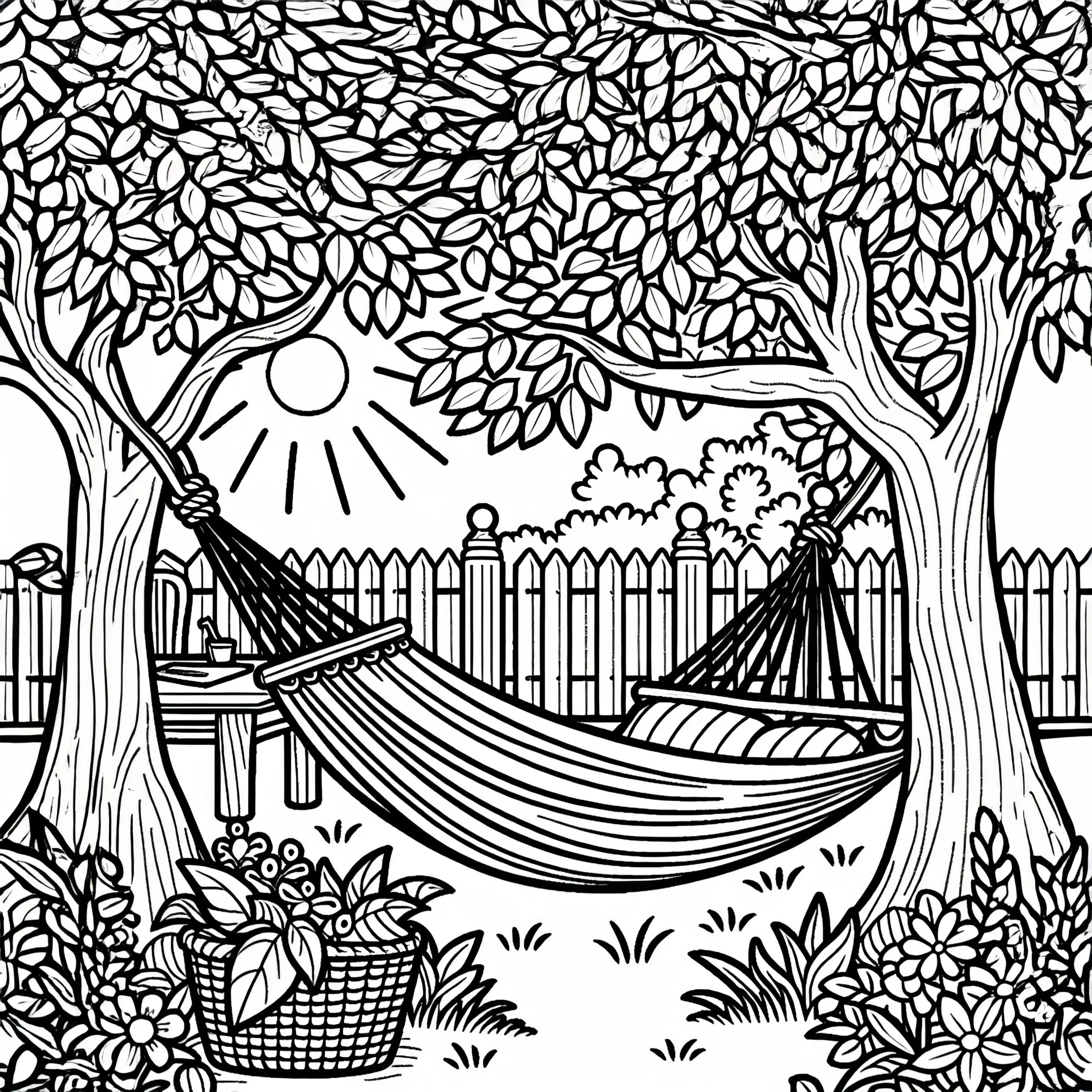 Hängematte im Garten im Juli: Malvorlage zum Download (Kostenlos) (Ausmalbild)