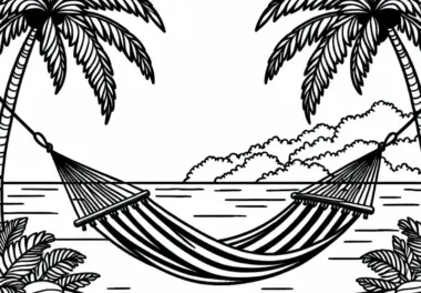 Hängematte zwischen zwei Palmen auf einer Insel – Ausmalbild kostenlos