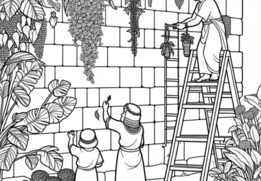 Ausmalbild der hängenden Gärten der Semiramis in Babylon – Gärtner pflegt Pflanzen