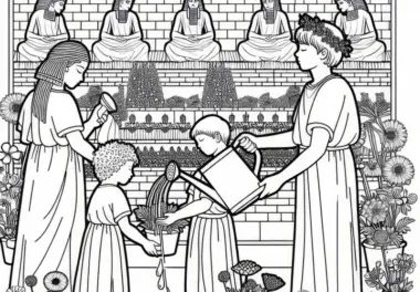 Die hängenden Gärten der Semiramis in Babylon – Kinder gießen Blumen Malvorlage Weltwunder kostenlos