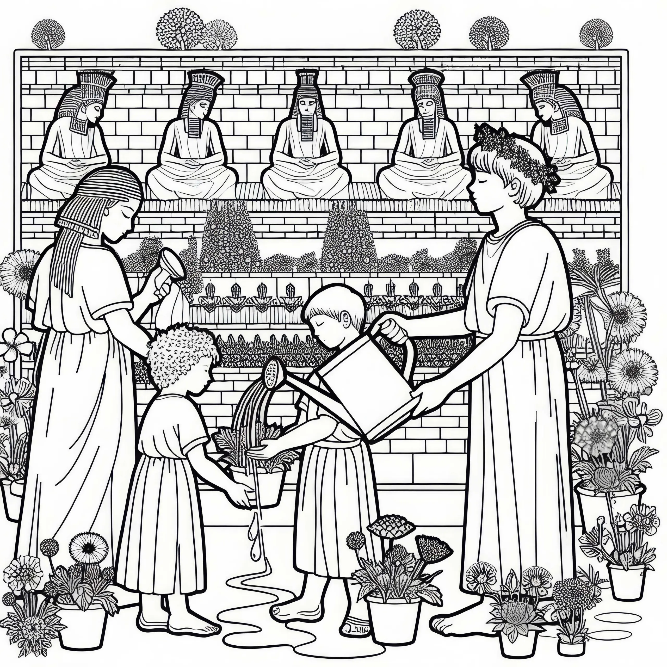 Die hängenden Gärten der Semiramis in Babylon – Kinder gießen Blumen Malvorlage Weltwunder kostenlos (Ausmalbild)