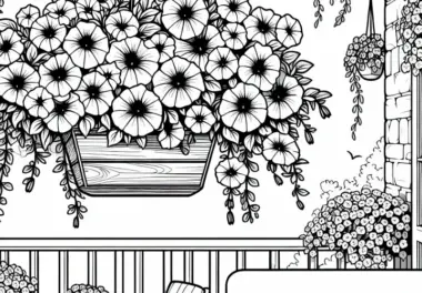 Haängende Petunien im Balkonkasten – Malvorlage für Sommerblumen