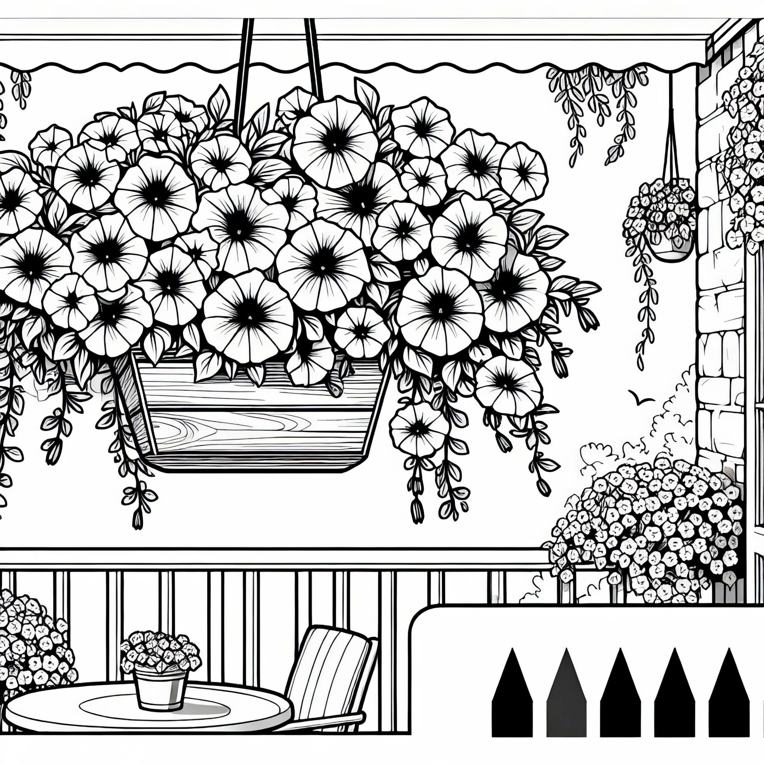 Haängende Petunien im Balkonkasten – Malvorlage für Sommerblumen (Ausmalbild)