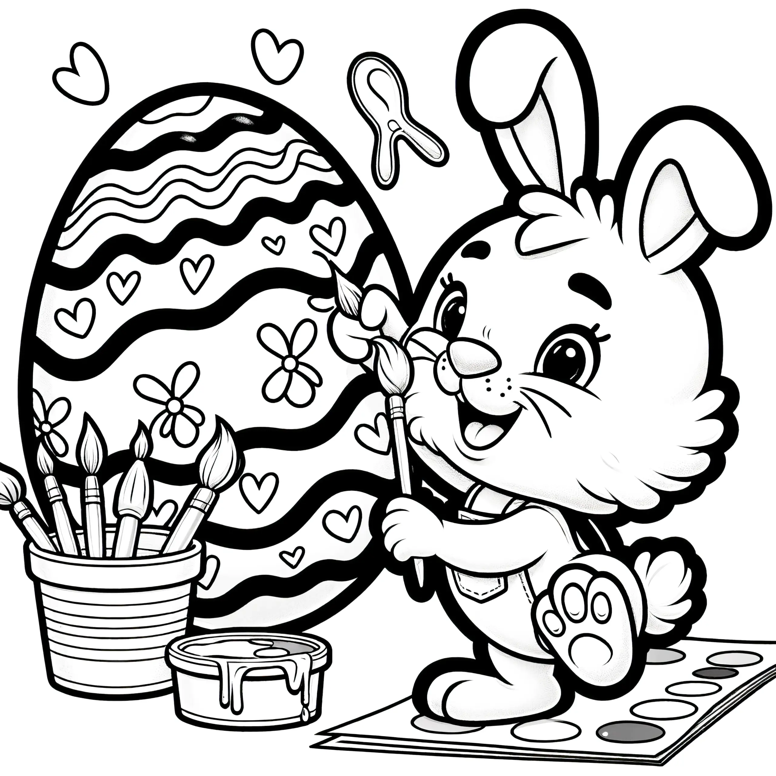 Häschen bemalt Osterei mit Pinsel: Einfache Malvorlage für Kinder (Kostenlos) (Ausmalbild)