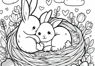 Hasen kuscheln im Nest – Malvorlage gratis