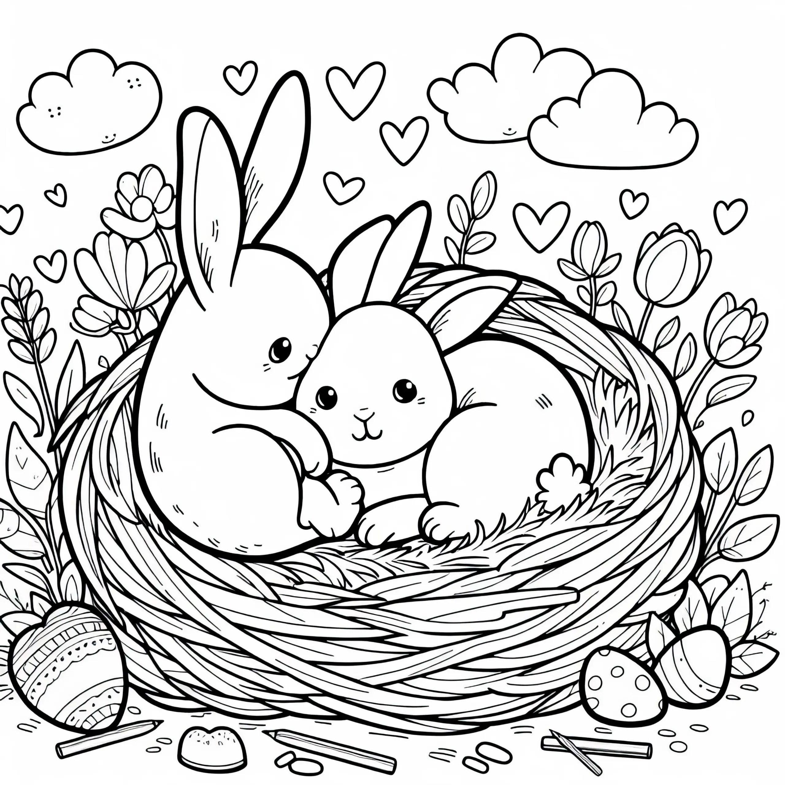 Hasen kuscheln im Nest – Malvorlage gratis (Ausmalbild)