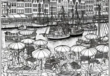 Hafenpromenade mit Straßenkünstlern und Marktständen – Ausmalbild gratis