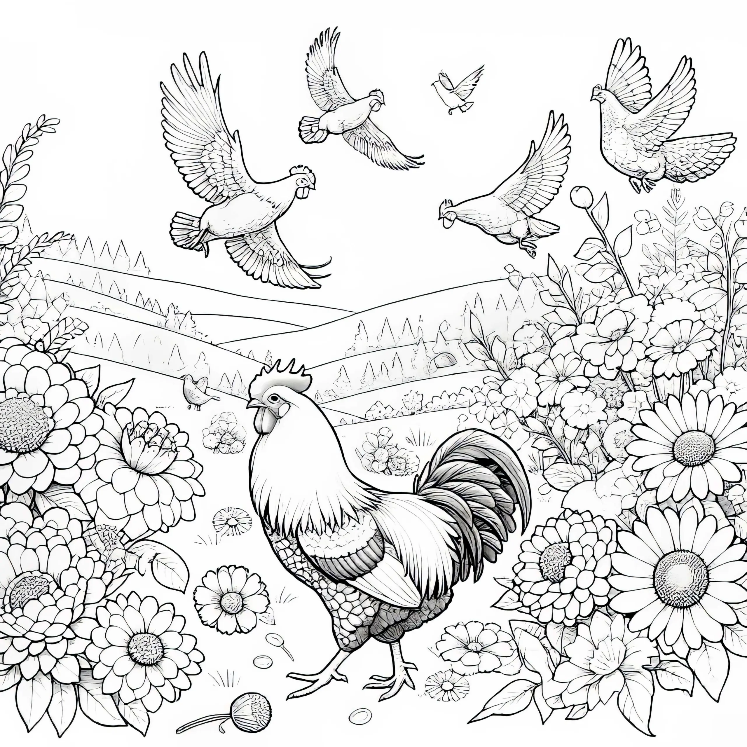 Hahn auf Blumenwiese: Malvorlage zum Download (Gratis) (Ausmalbild)