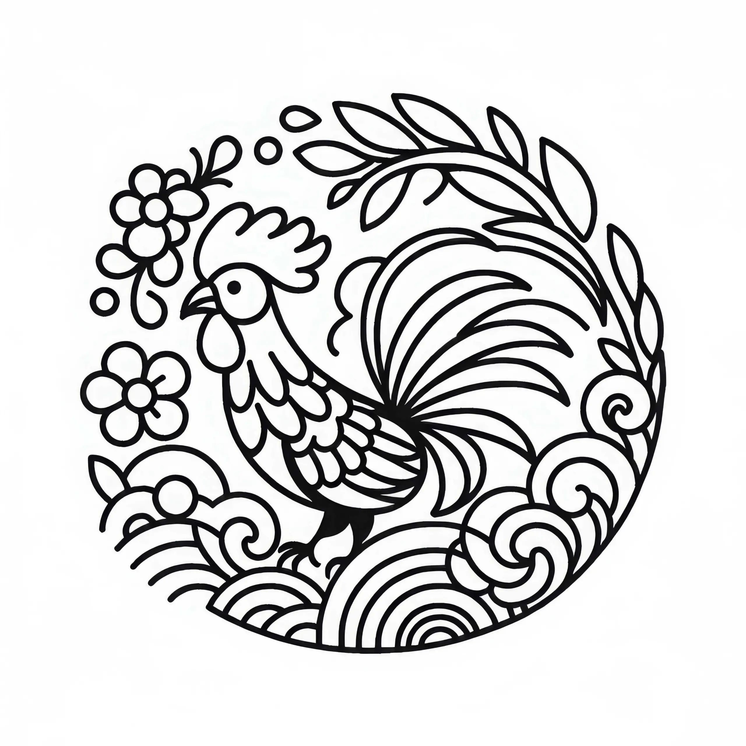 Hahn Malvorlage Tierkreiszeichen Chinesisch Japanisch Kostenlos (Ausmalbild)