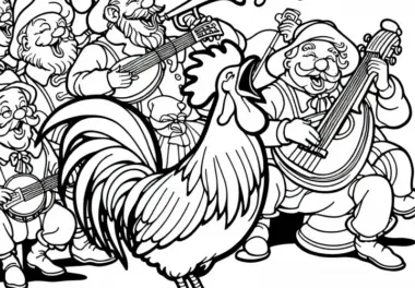 Ein Hahn trällert ein Lied – Ausmalbild Bremer Stadtmusikanten