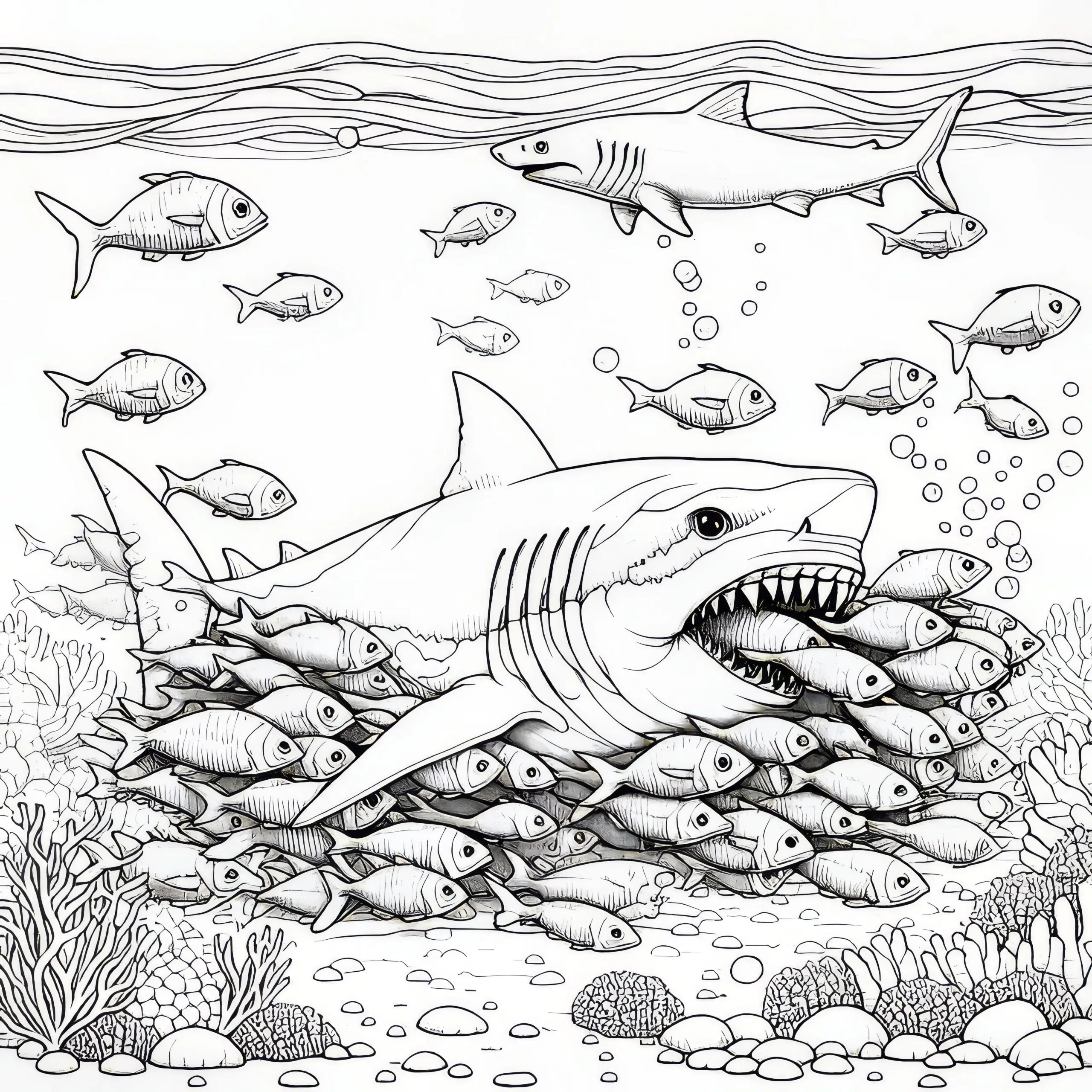 Hai jagt Schwarm kleiner Fische: Detailreiches Ausmalbild (Gratis)