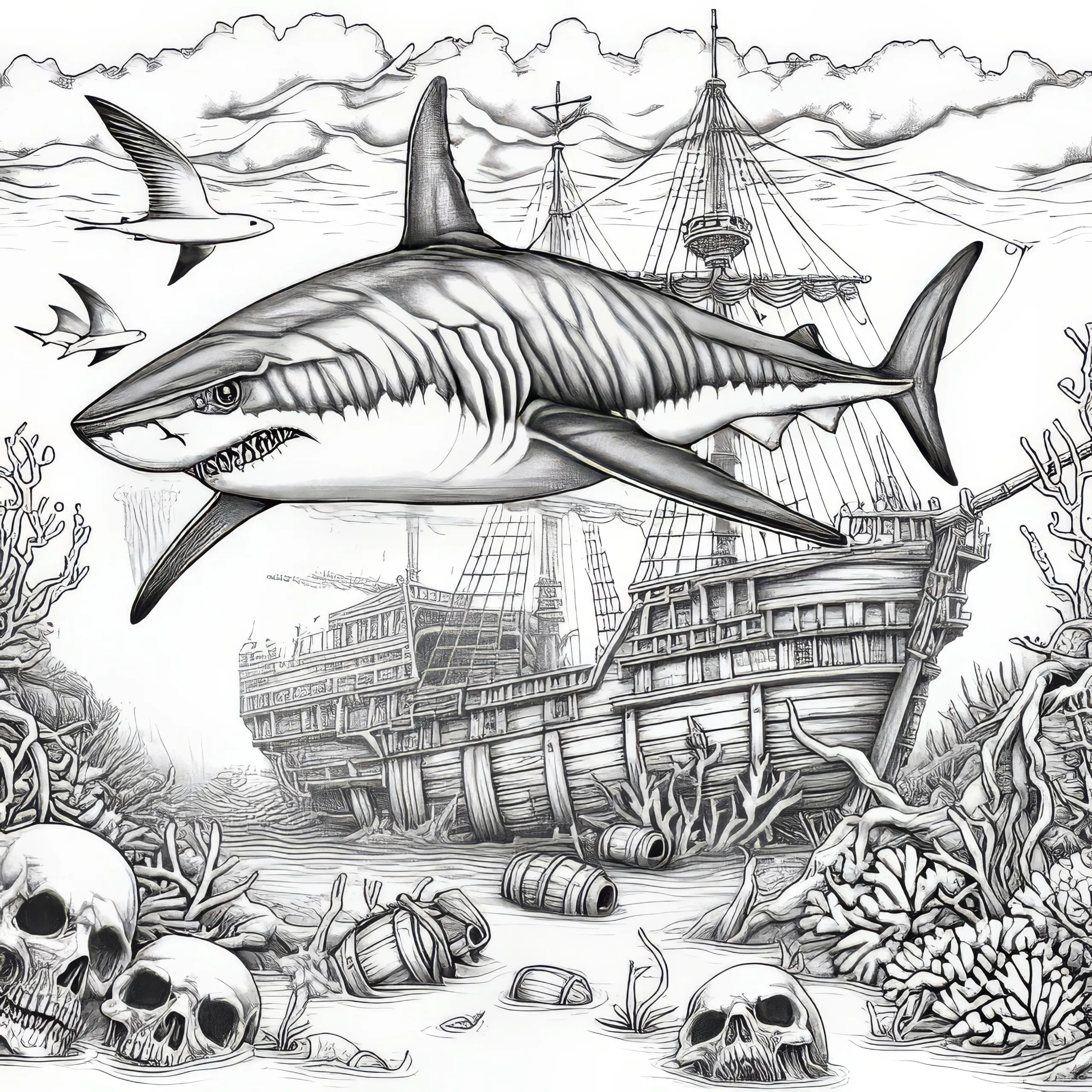Hai kreist über versunkenem Piratenschiff als Ausmalbild (Gratis)