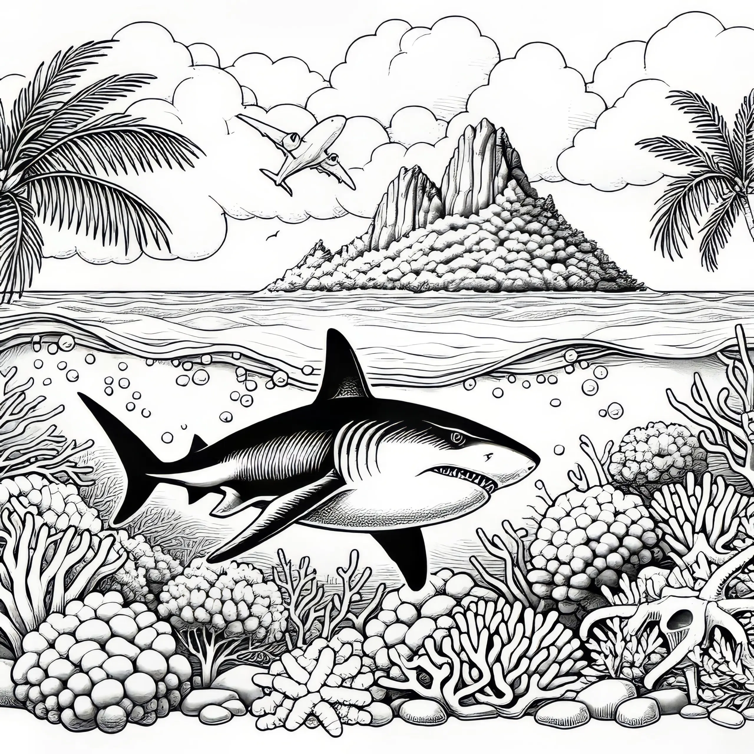 Hai schwimmt an Wasseroberfläche vor Insel: Ausmalbild zum Herunterladen (Kostenlos)
