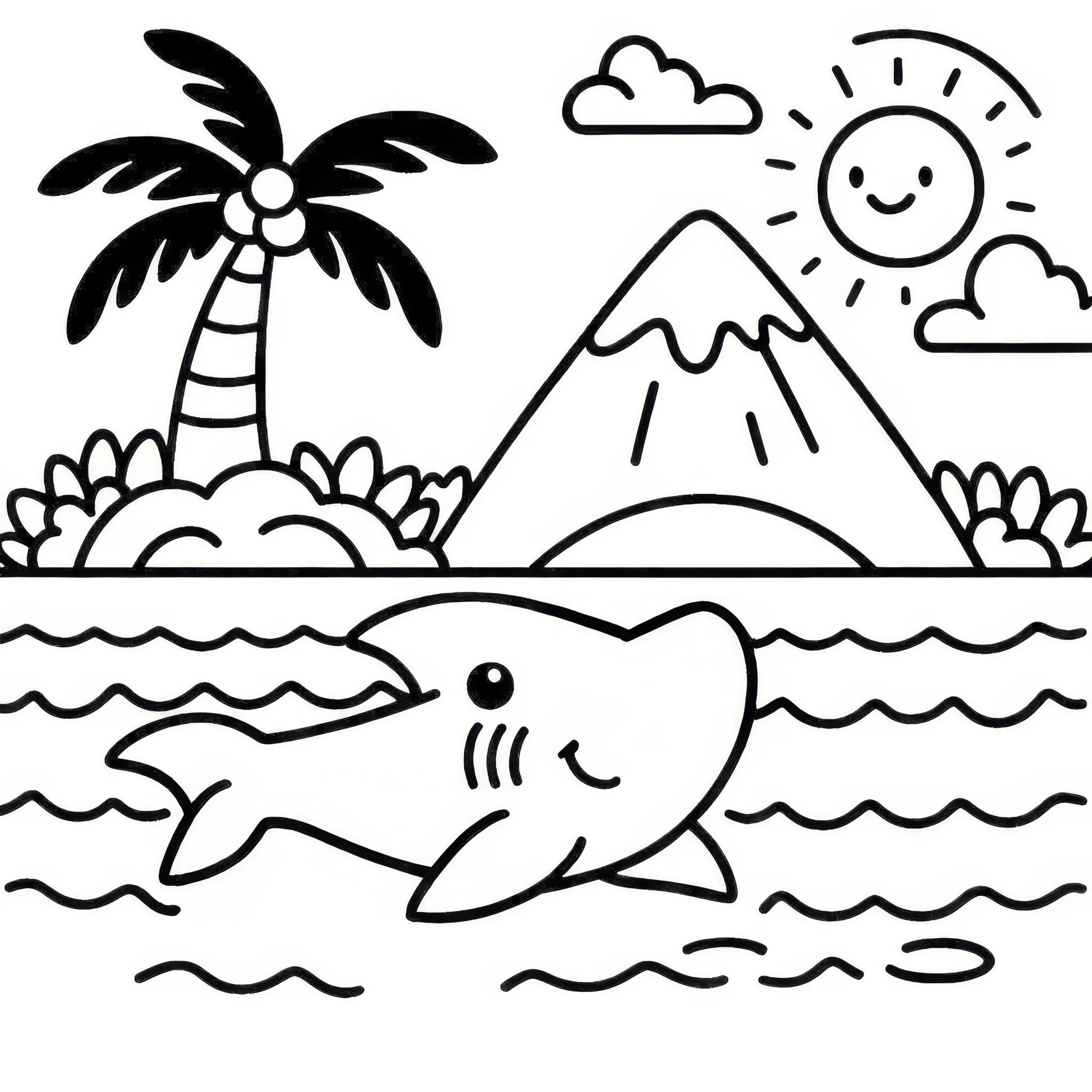 Hai schwimmt an Wasseroberfläche vor einer Insel: Kostenloses Ausmalbild