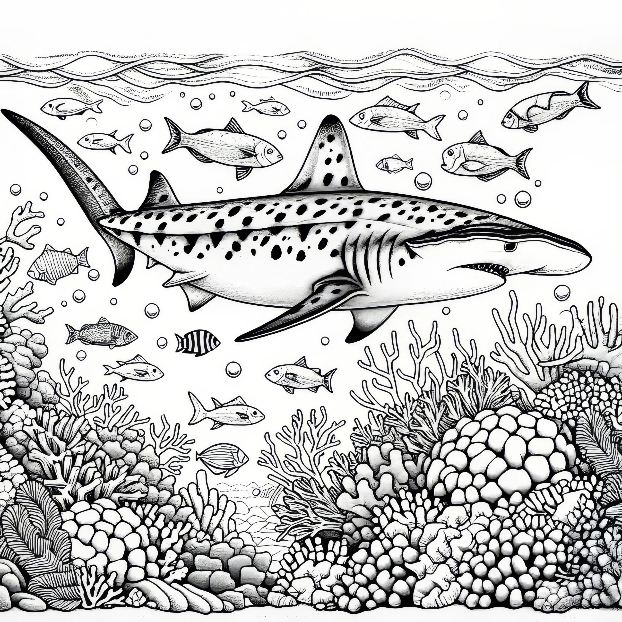 Hai schwimmt zwischen Korallen und Fischen: Ausmalbild zum Download (Kostenlos)
