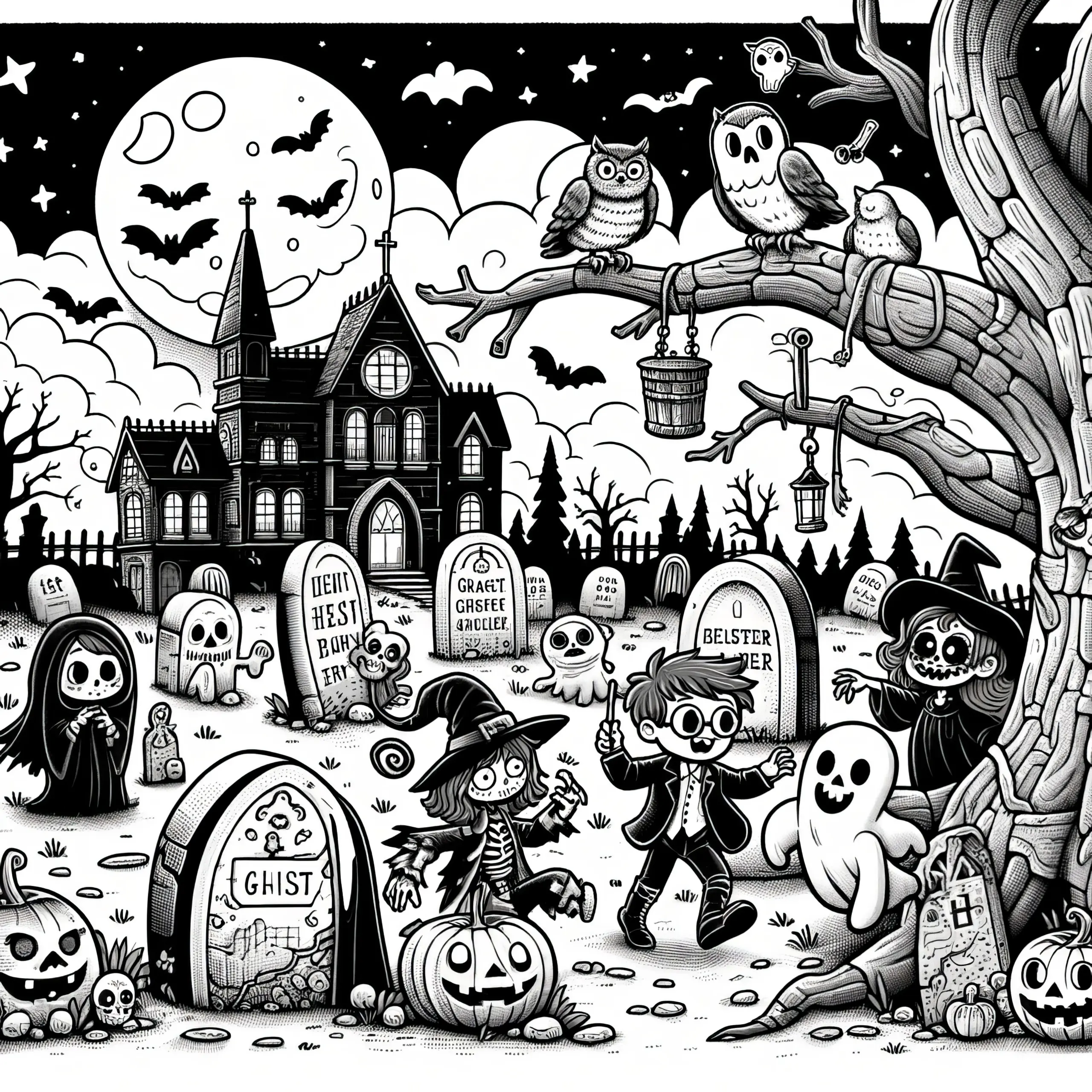 Halloween Ausmalbild mit gruseligem Friedhof (Kostenlos)