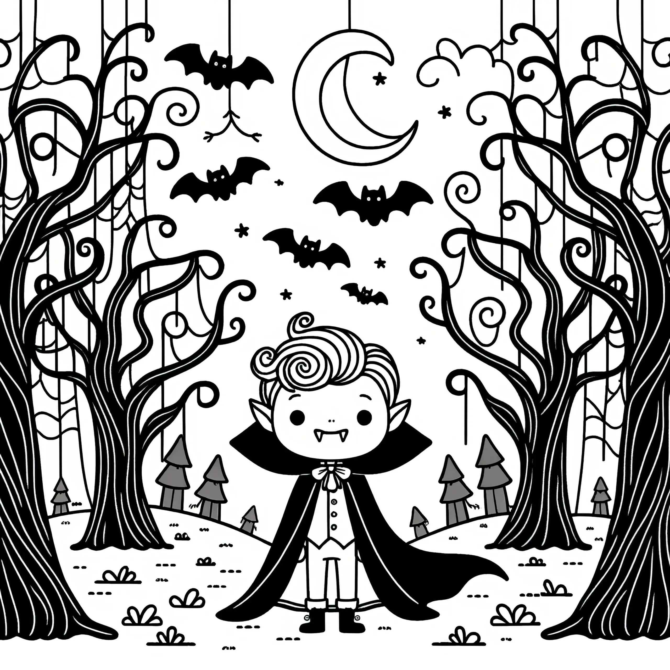 Halloween Kostüm: Dracula im Wald Ausmalbild (Kostenlos)