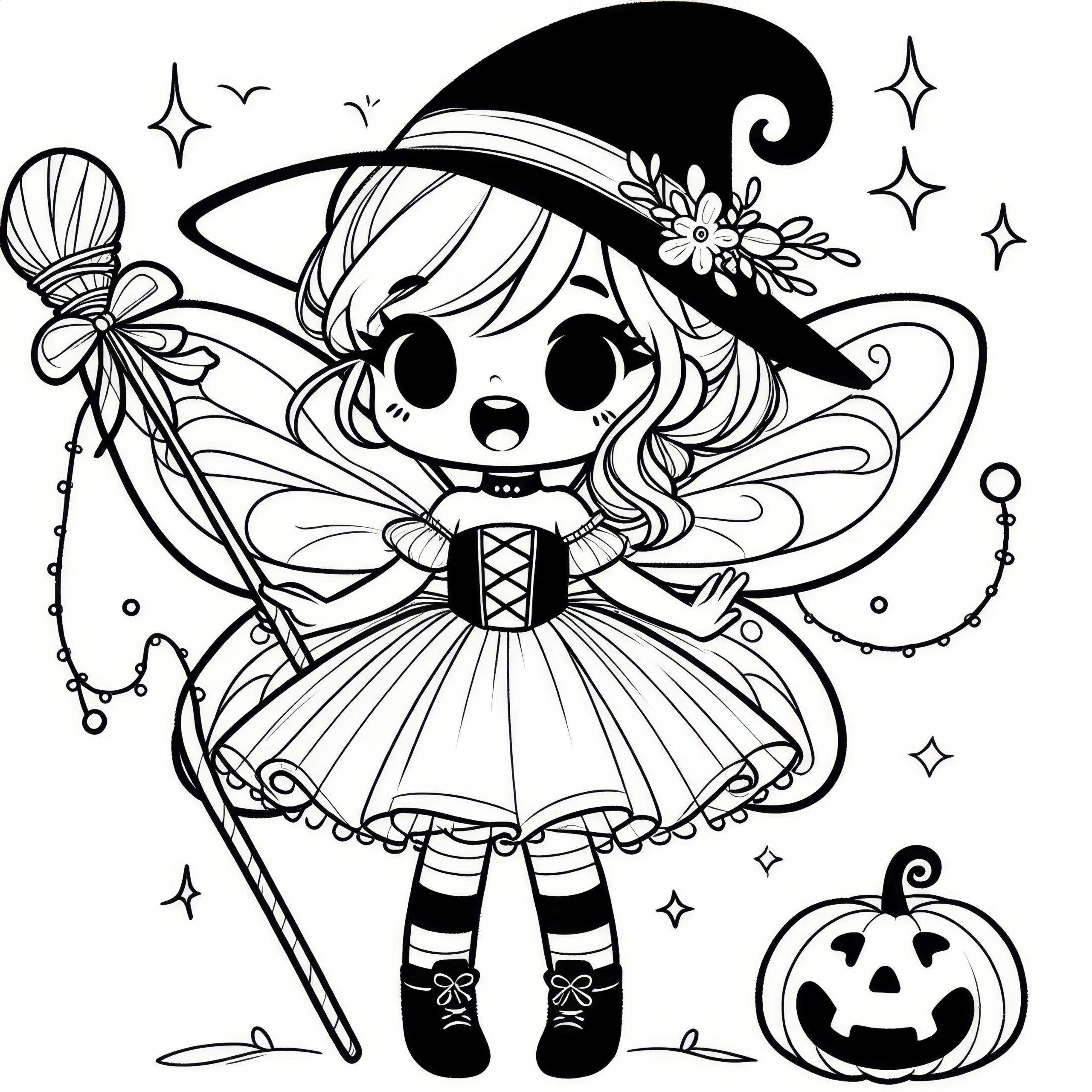 Halloween Kostüm Fee: Einfache Malvorlage (Gratis) (Ausmalbild)