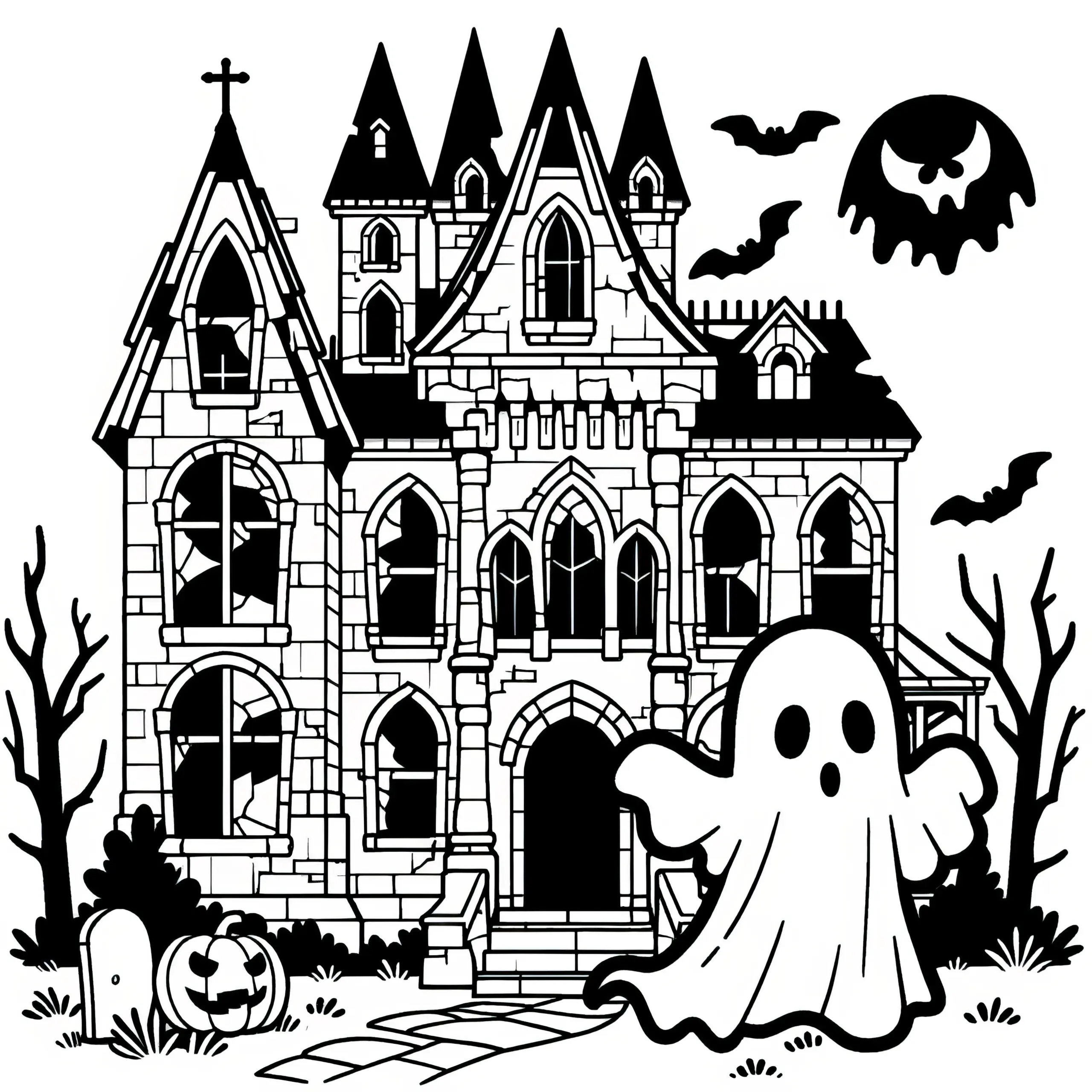Halloween Kostüm Gespenst vor Geisterschloss: Malvorlage zum Herunterladen (Gratis) (Ausmalbild)