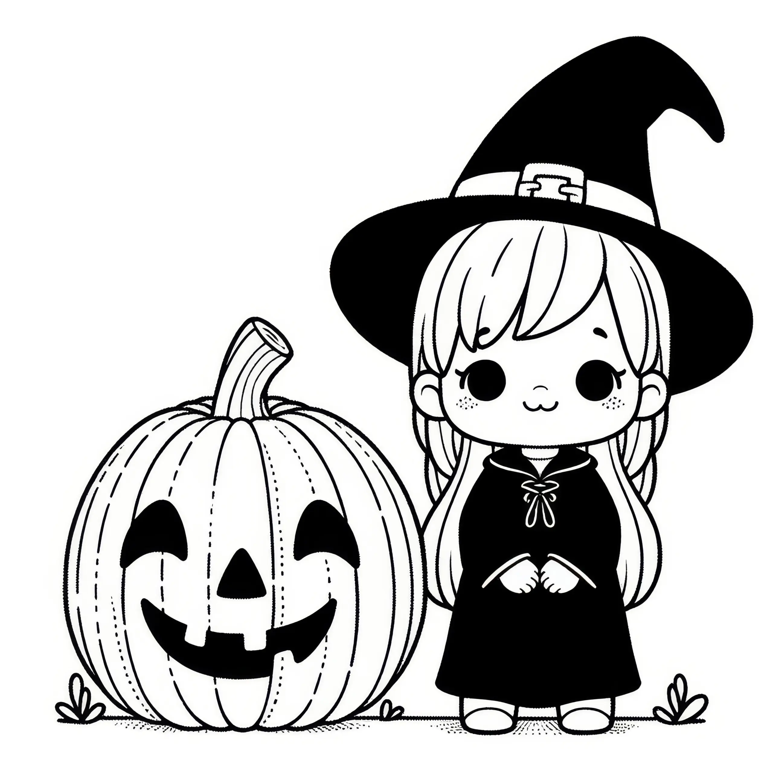Halloween Kostüm Hexe mit Kürbis: Ausmalbild zum Download (Kostenlos)