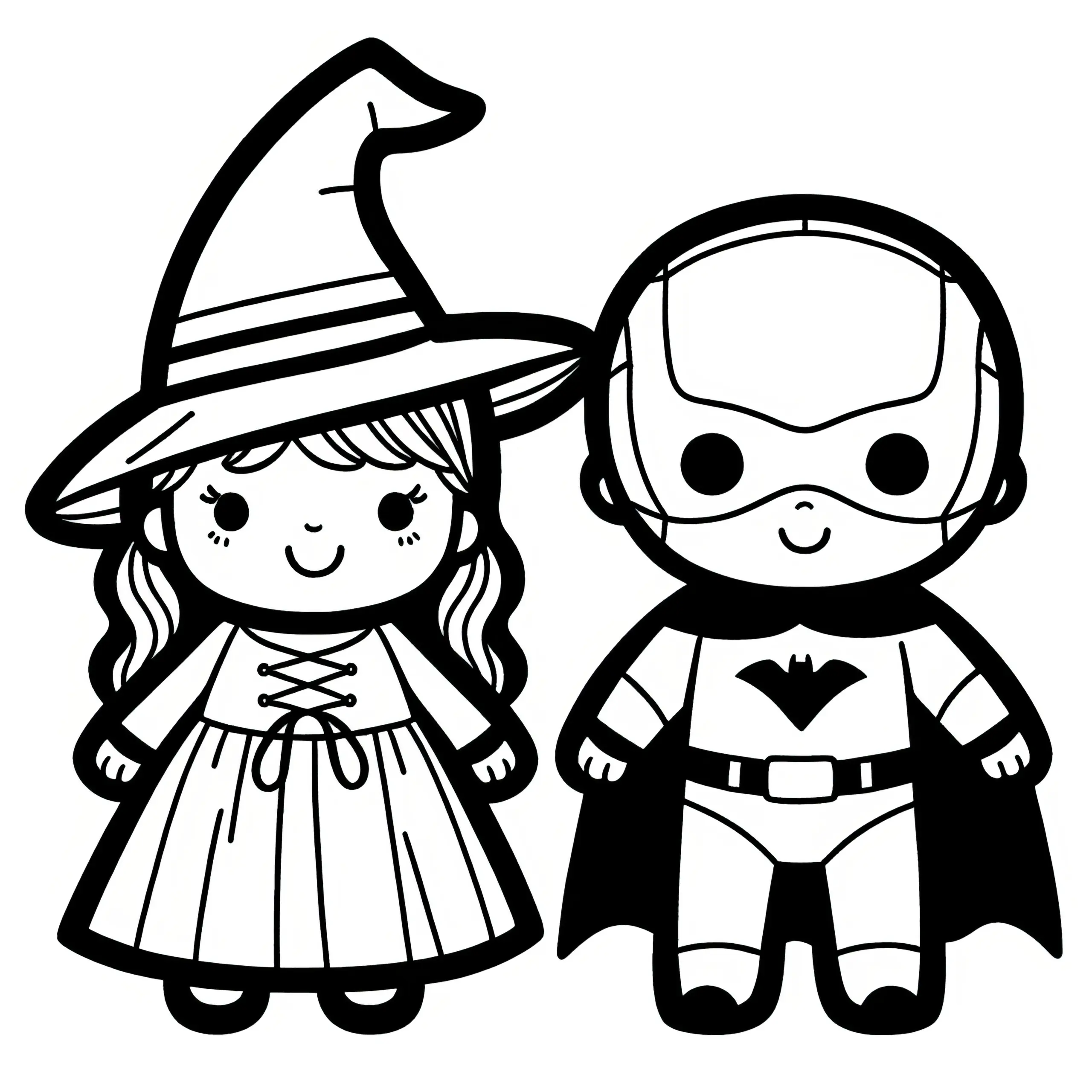 Halloween Kostüm Hexe und Superheld: Einfache Malvorlage für Kinder (Gratis) (Ausmalbild)