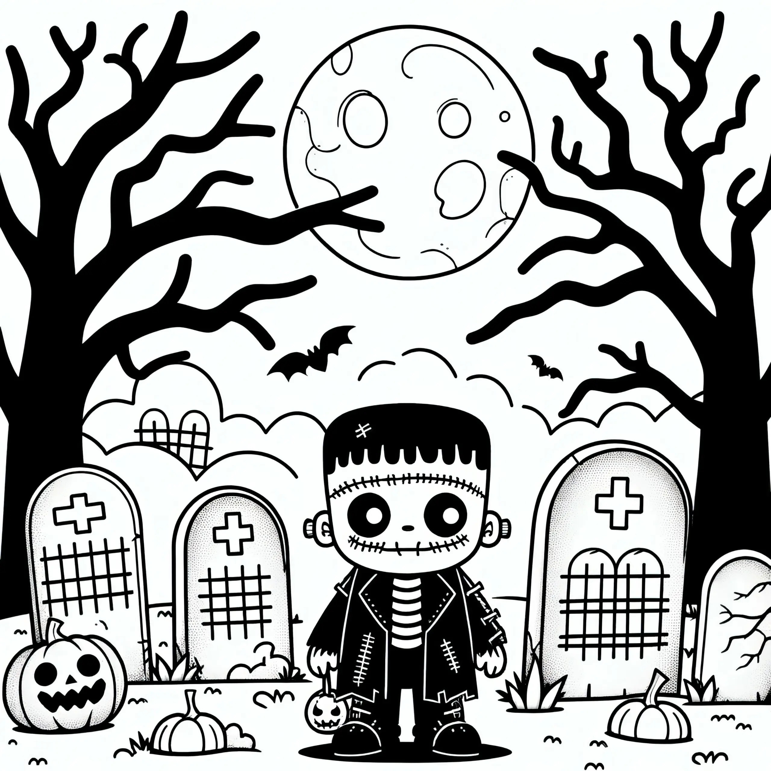 Halloween Kostüm Monster auf Friedhof: Malvorlage kostenlos zum Herunterladen (Ausmalbild)