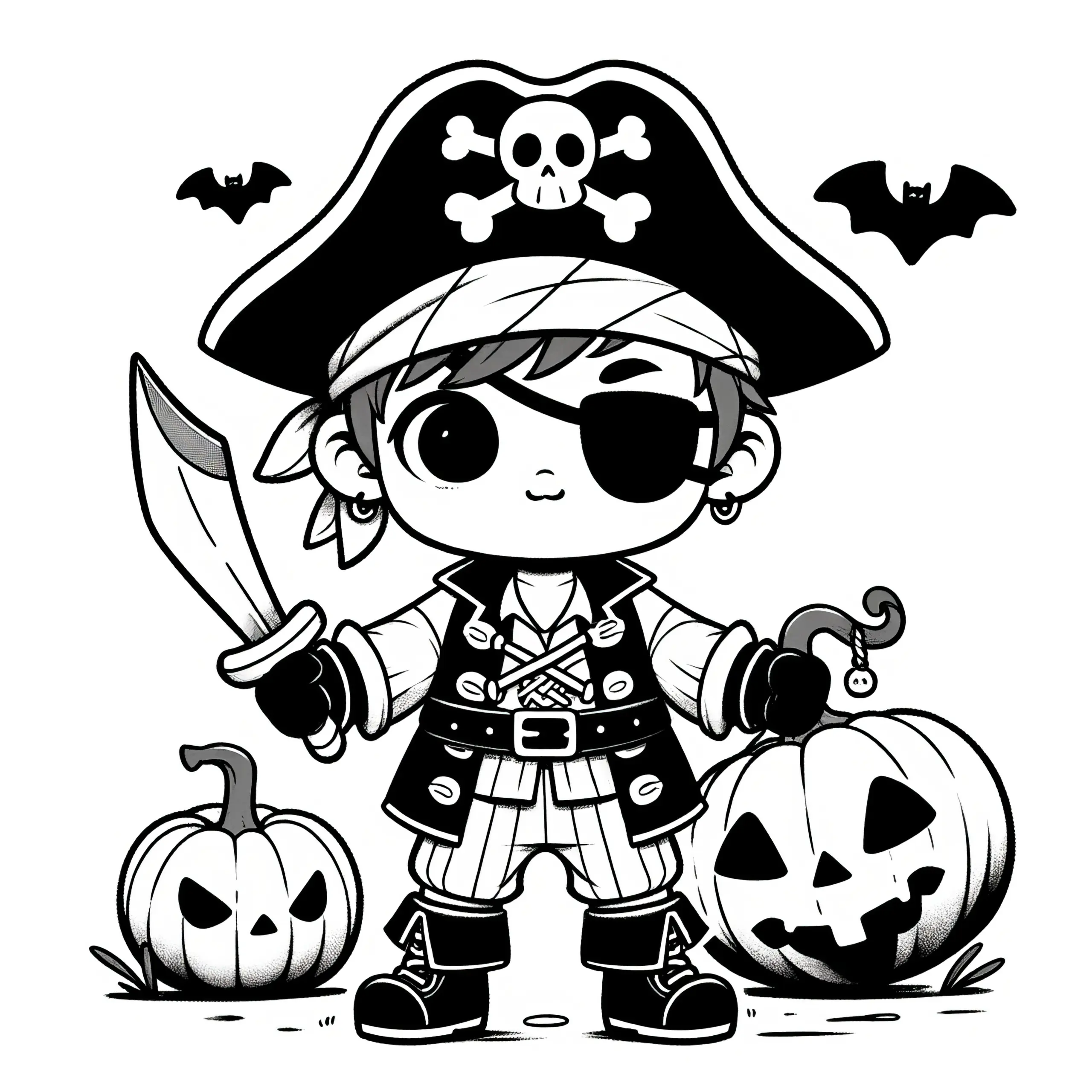 Halloween Kostüm Pirat mit Augenklappe und Kürbissen: Ausmalbild (Gratis)