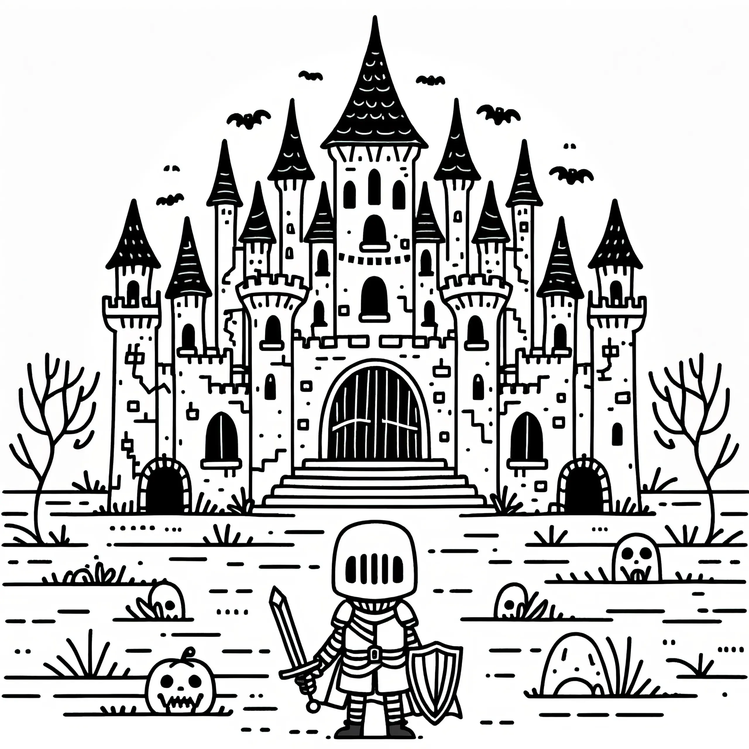 Halloween Kostüm Ritter vor geheimnisvollen Schloss: Ausmalbild (Gratis)