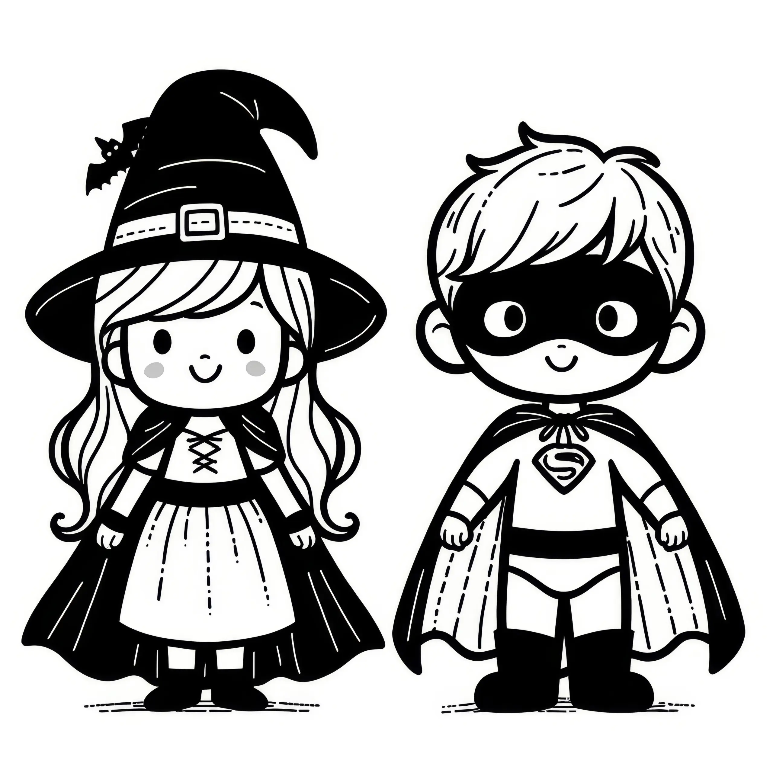 Halloween Kostüm – Superheld und Hexe: Kostenloses Ausmalbild