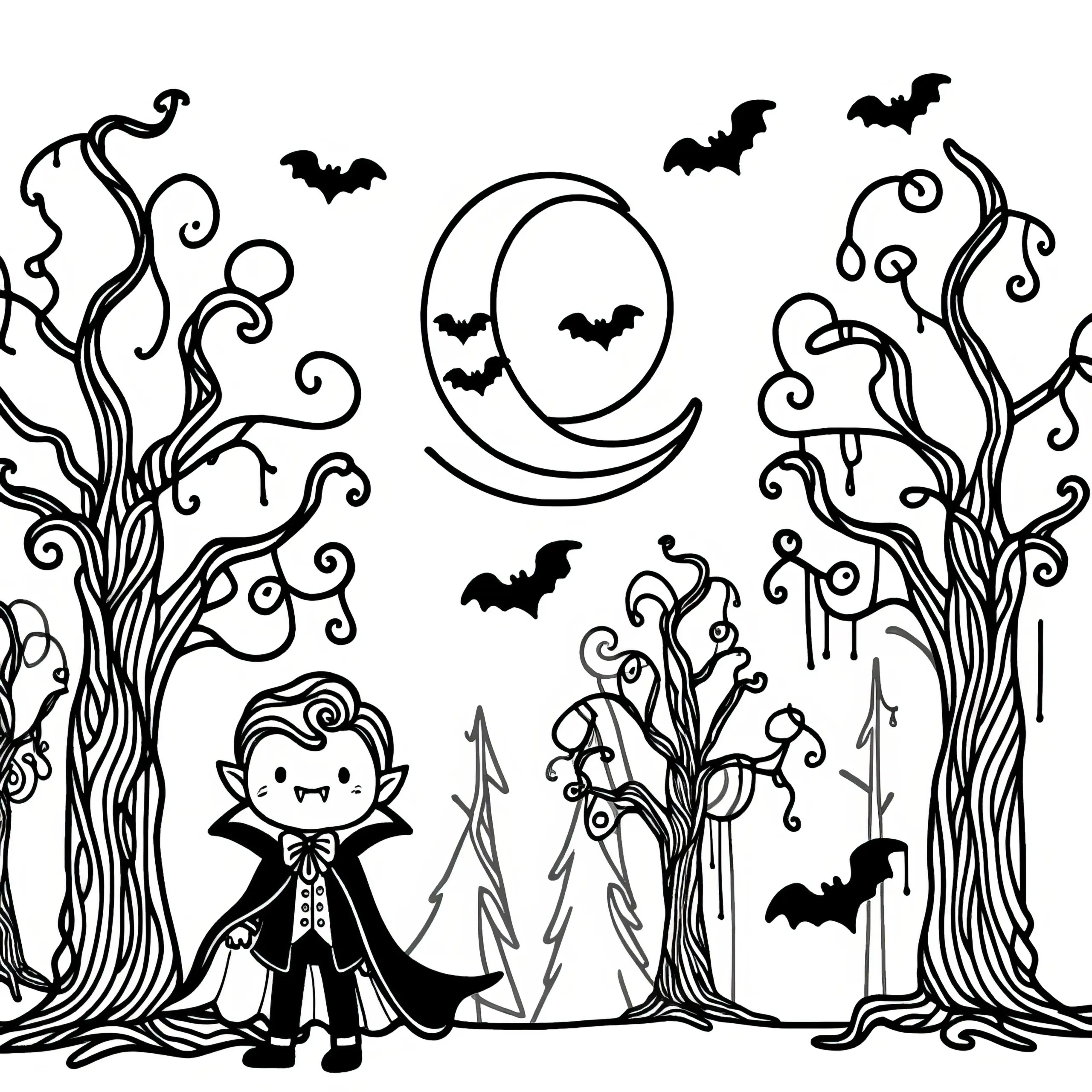 Halloween Kostüm Vampir im Wald: Malvorlage zum Herunterladen (Gratis) (Ausmalbild)