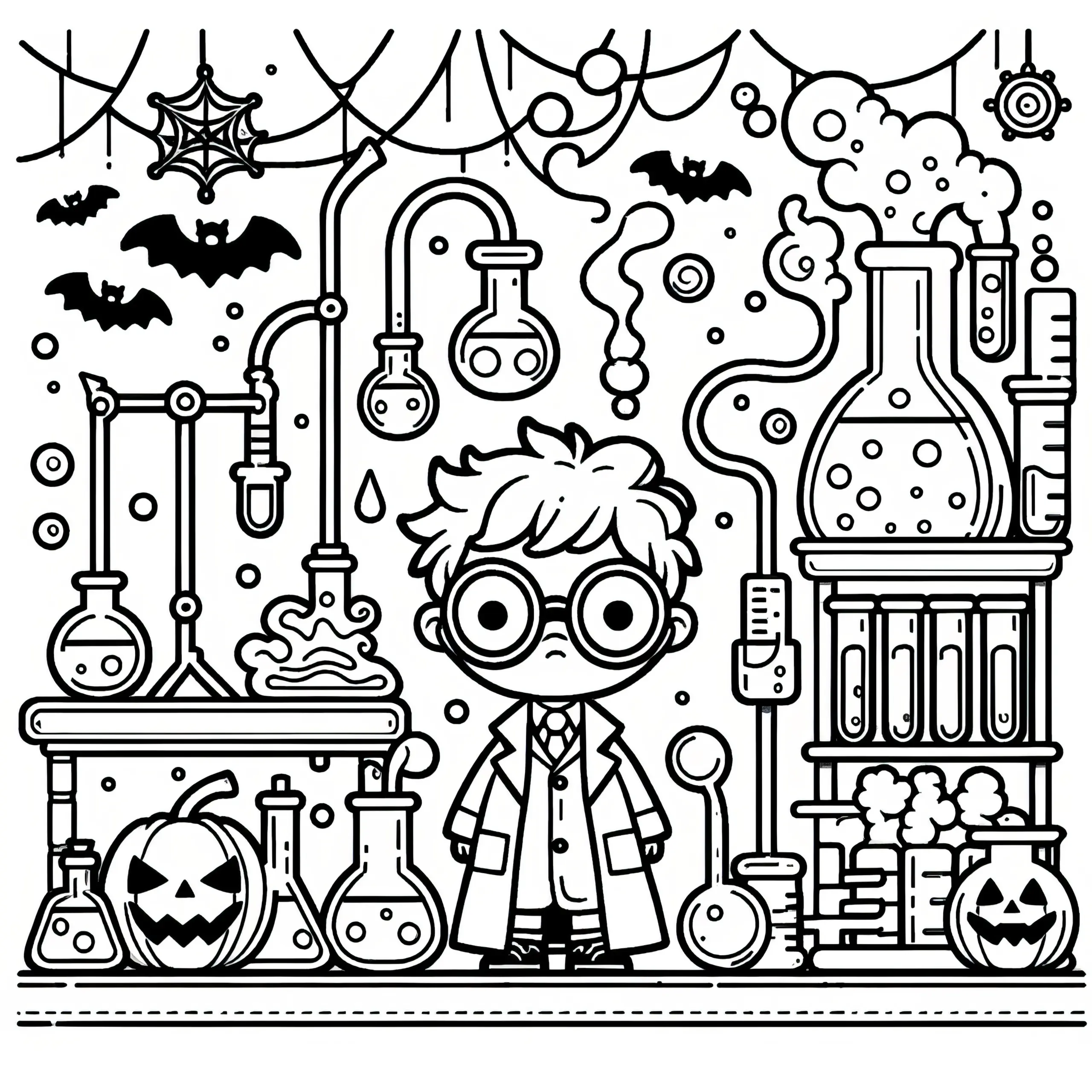 Halloween Kostüm verrückter Forscher: Malvorlage zum Herunterladen (Gratis) (Ausmalbild)