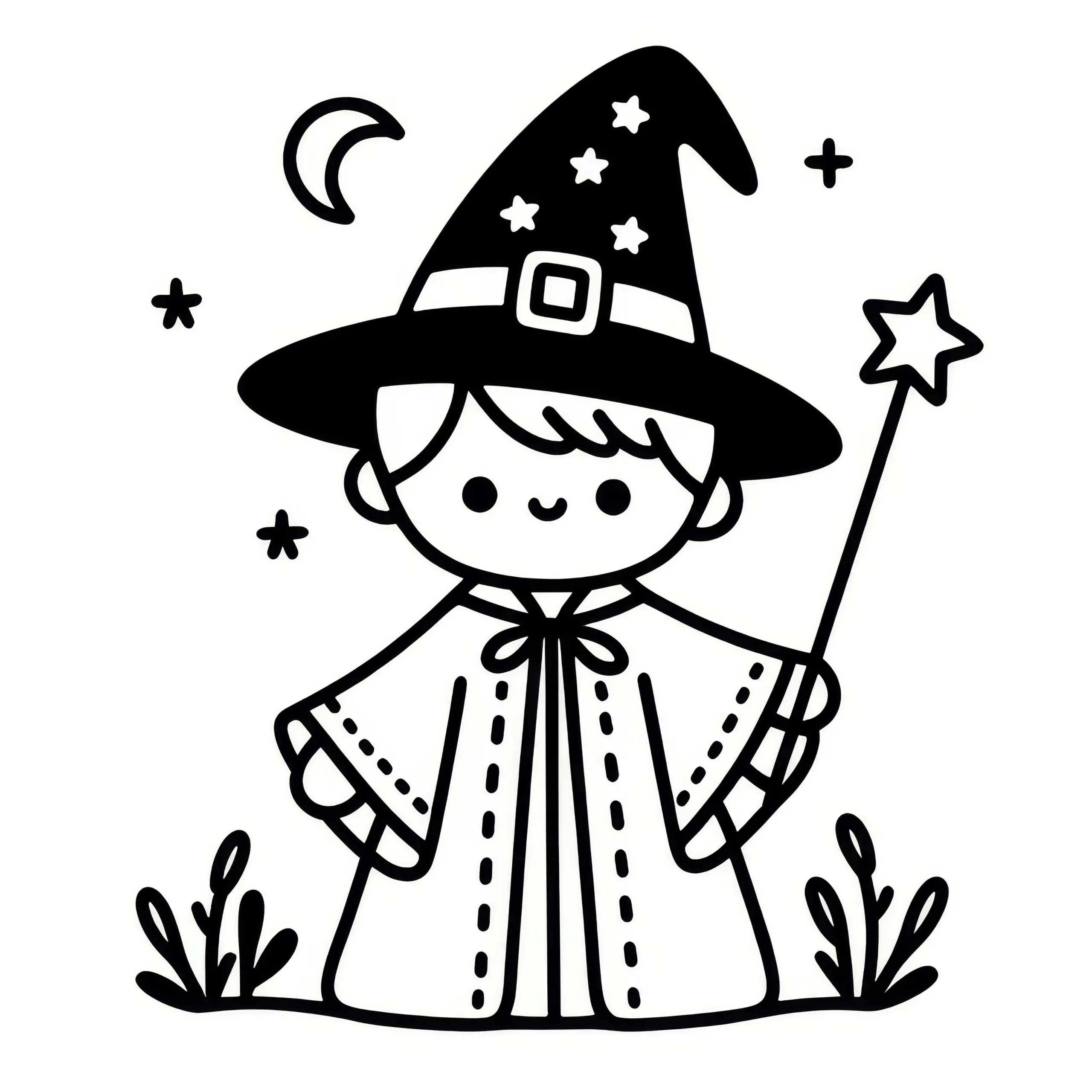 Halloween Kostüm Zauberer: Einfache kostenlose Malvorlage (Ausmalbild)