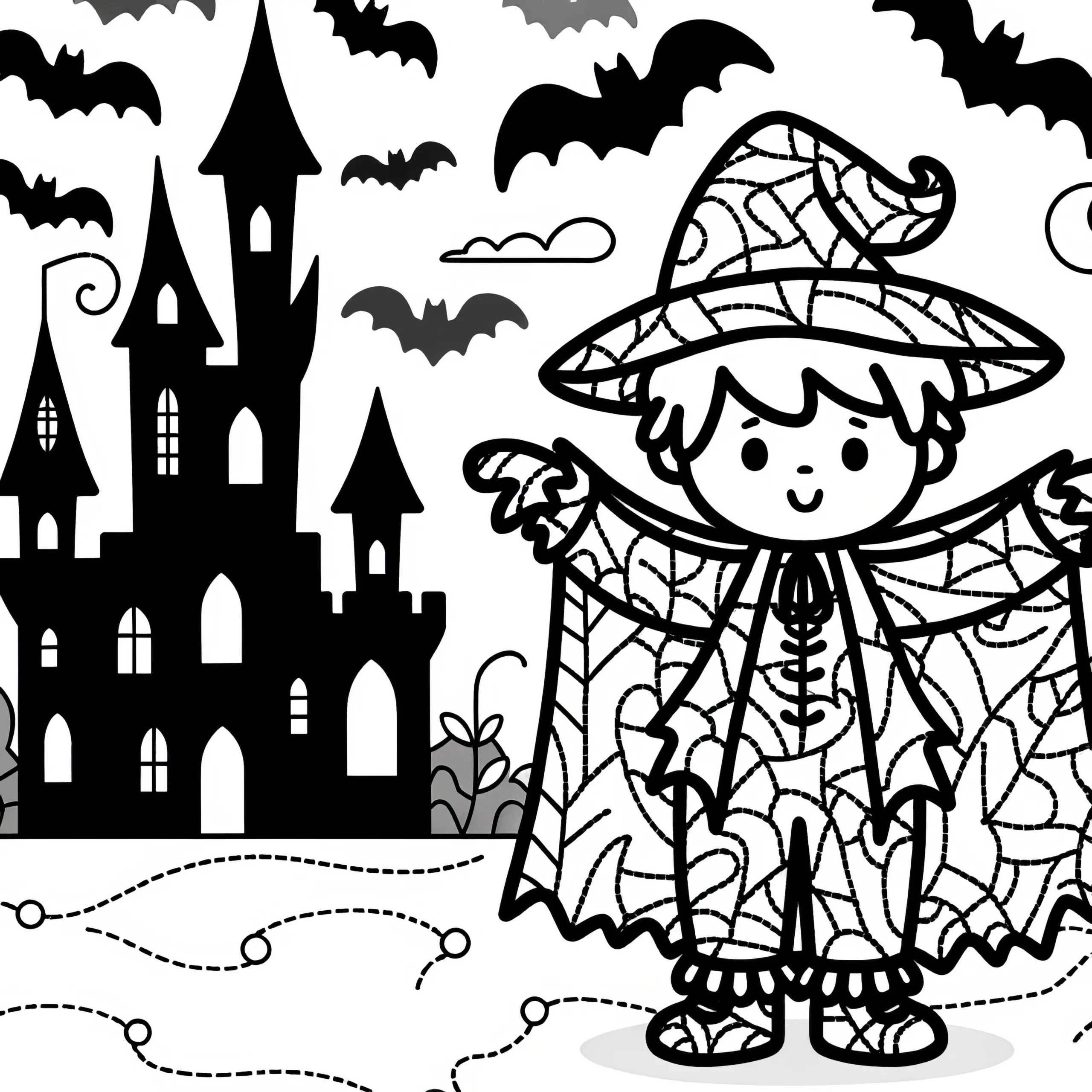 Halloween Kostüm: Zauberer vor Schloss als Ausmalbild (Kostenlos)