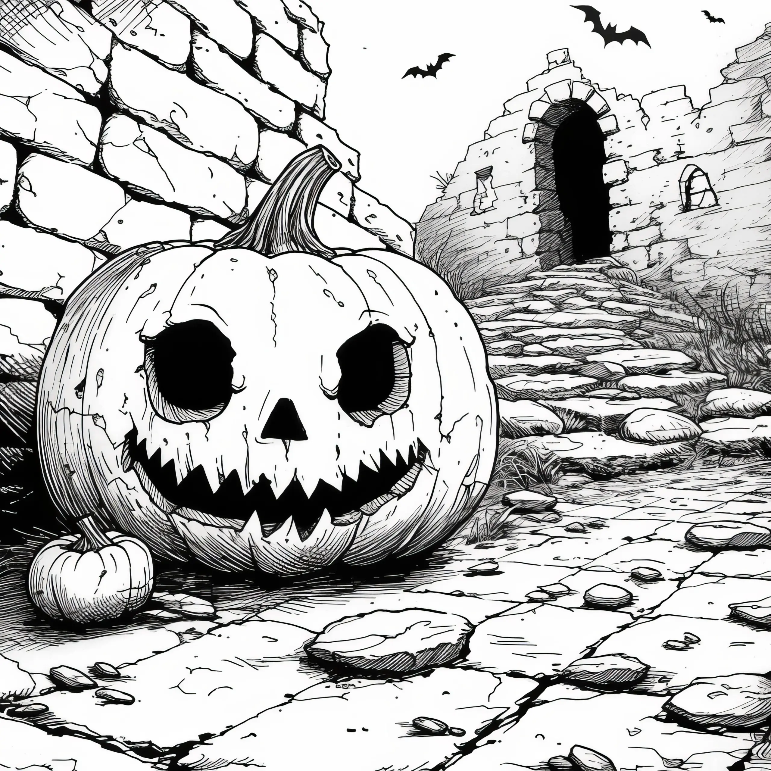 Halloween Kürbis in Burgruine: Malvorlage zum Herunterladen (Kostenlos) (Ausmalbild)