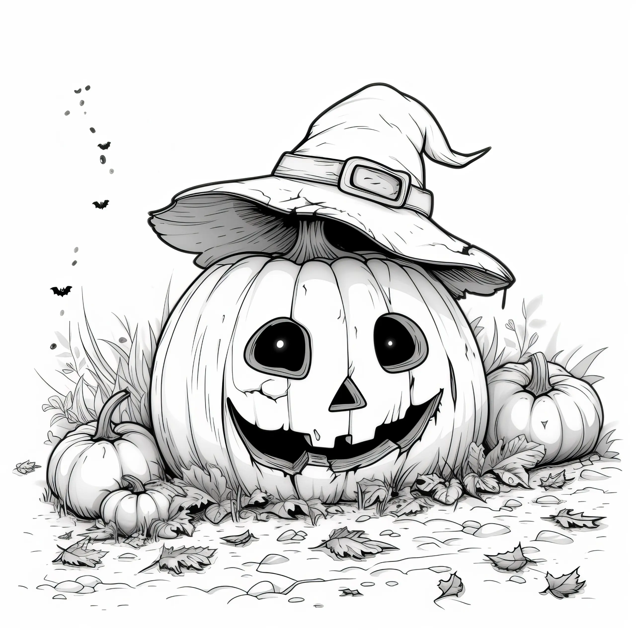 Halloween Kürbis mit Hexenhut: Ausmalbild zum Download (Gratis)