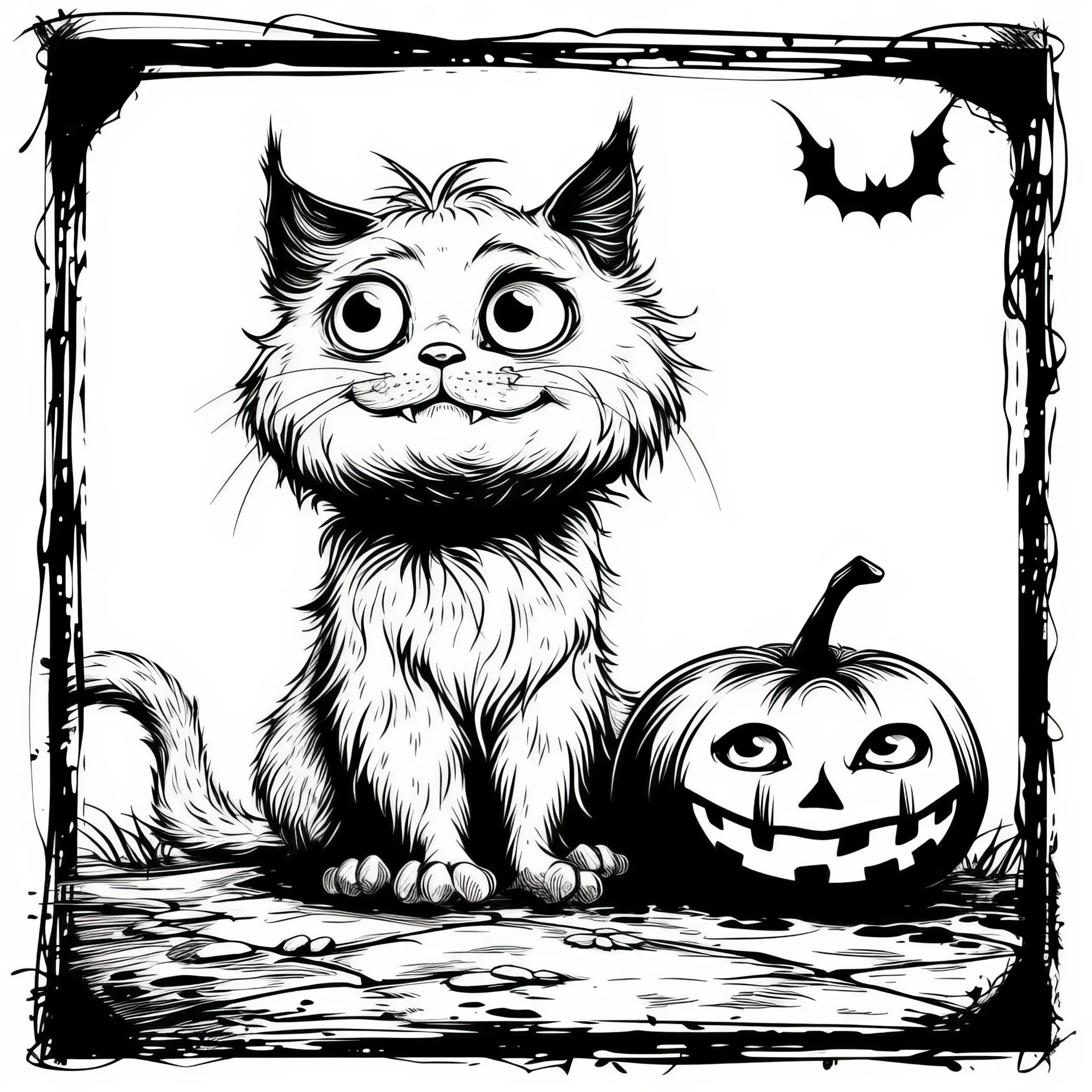 Halloween Kürbis und Katze zum Ausmalen (Kostenlos) (Ausmalbild)