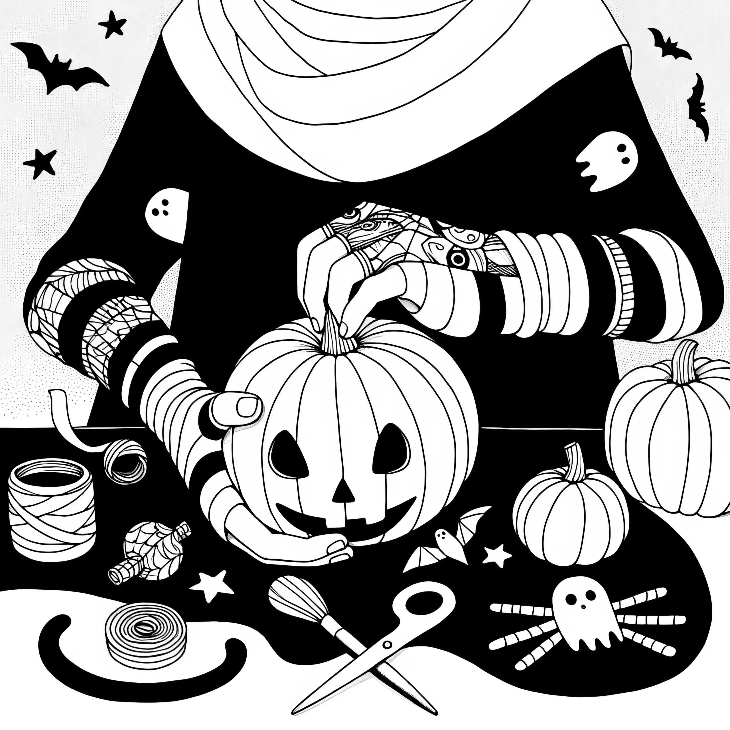 Halloween Kürbis wird vorbereitet: Ausmalbild zum Herunterladen (Gratis)