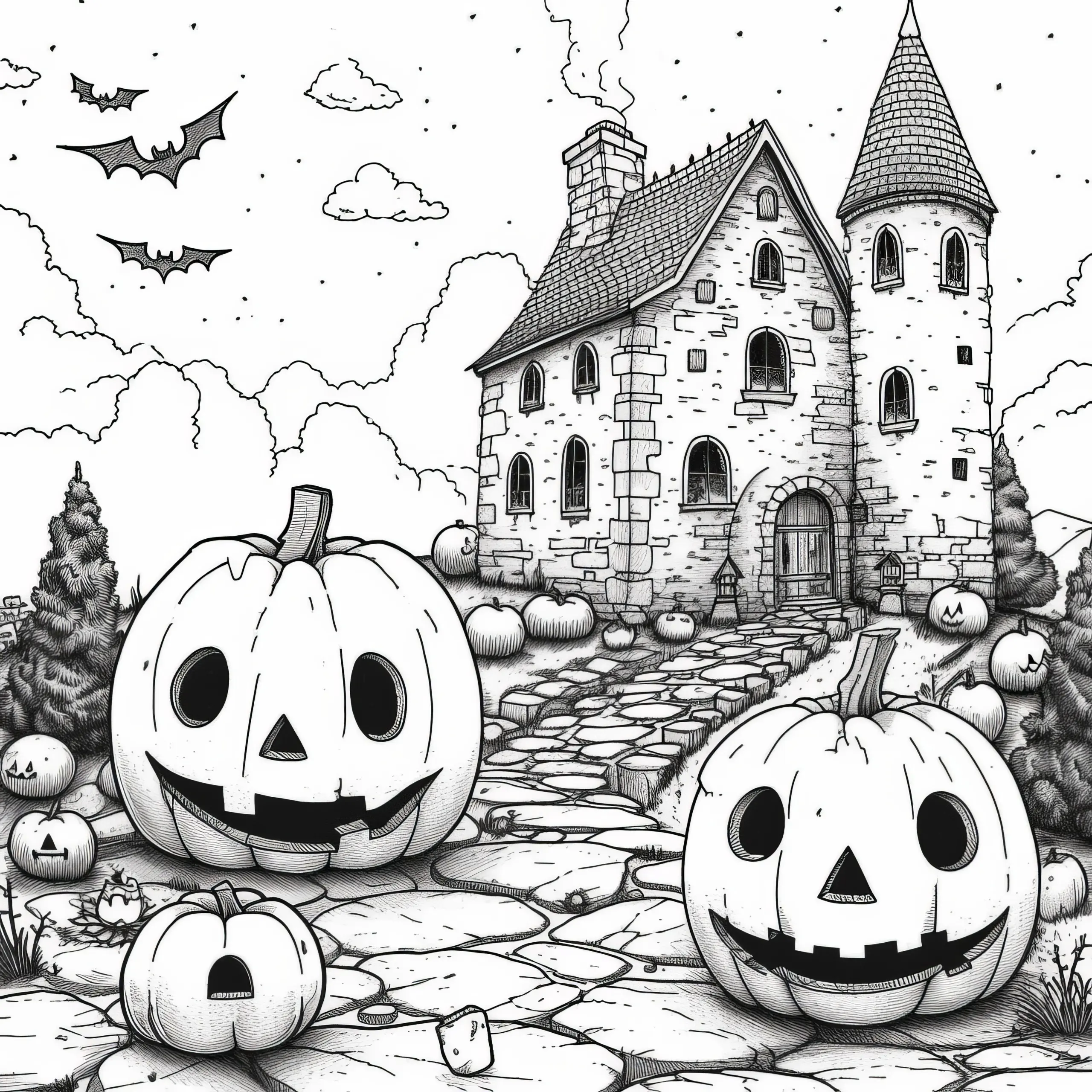 Halloween Kürbisse vor alter Burg: Kostenlose Malvorlage zum Download (Ausmalbild)