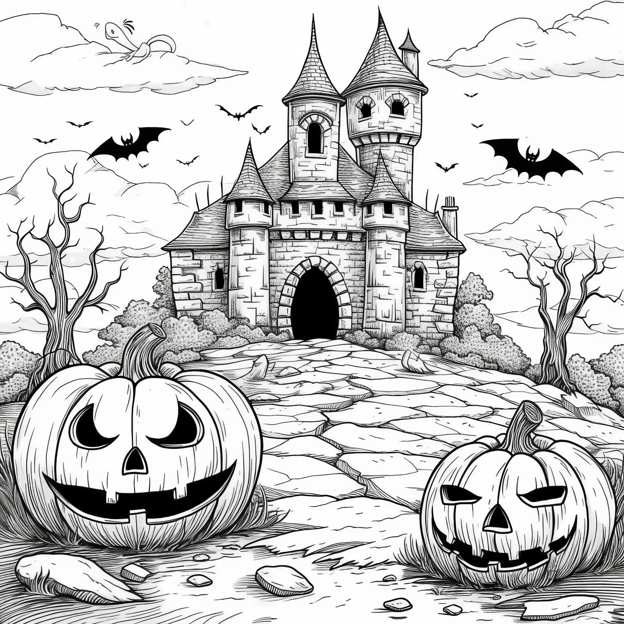 Halloween Kürbisse mit Fledermäusen vor einer Burg: Ausmalbild (Gratis)