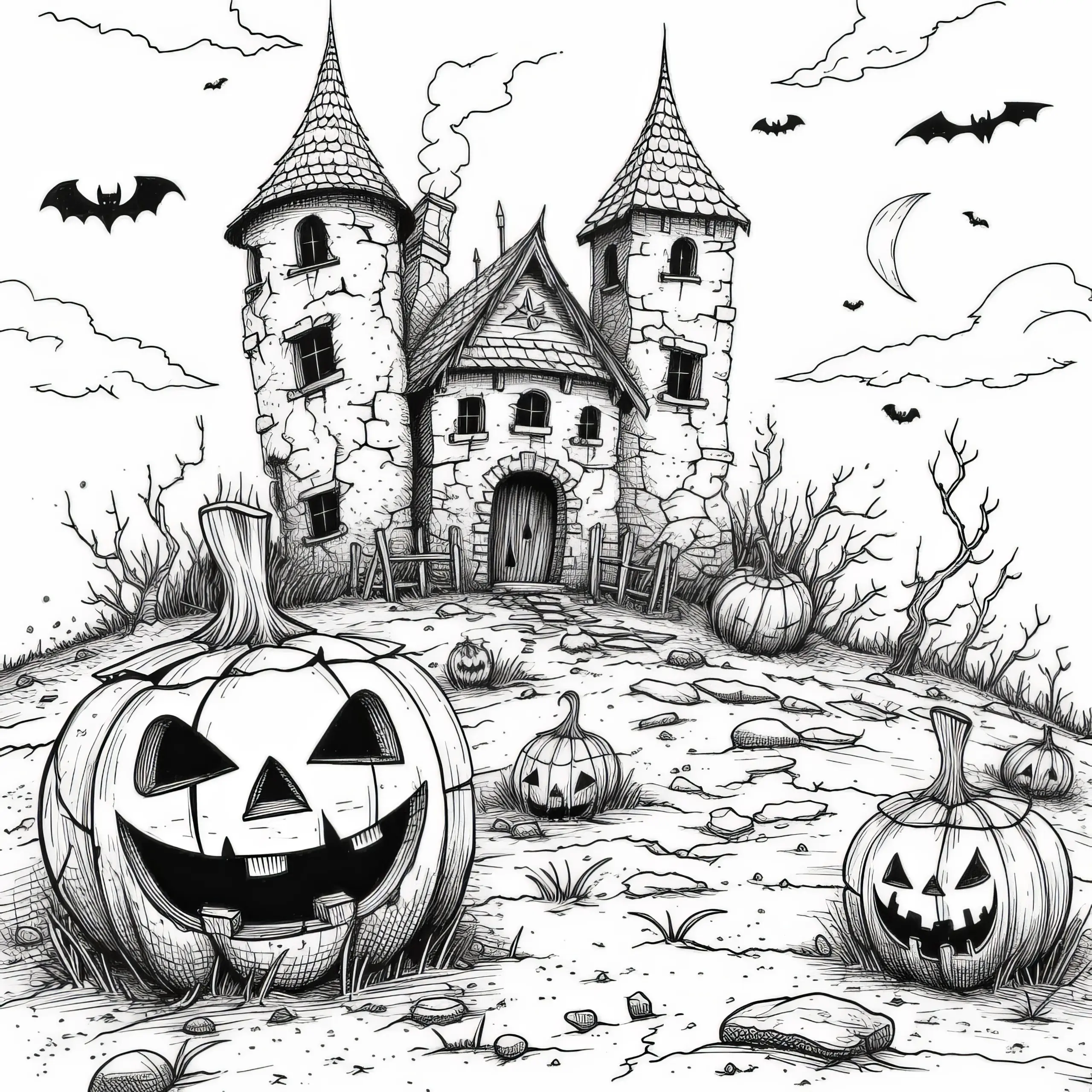Halloween Kürbisse vor Geisterhaus: Malvorlage (Kostenlos) (Ausmalbild)