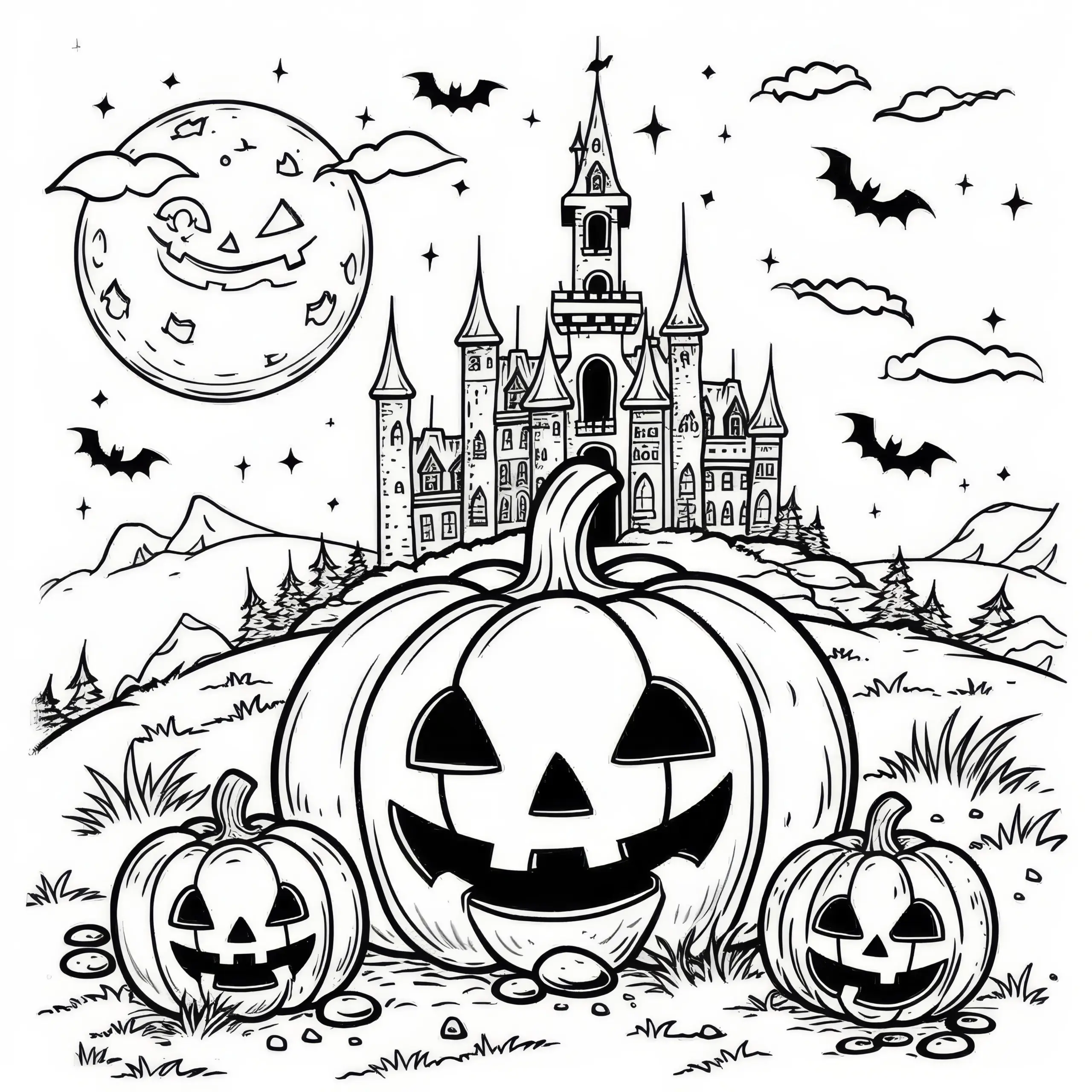 Halloween Kürbisse mit gruseligem Schloss: Malvorlage für Kinder (Gratis) (Ausmalbild)