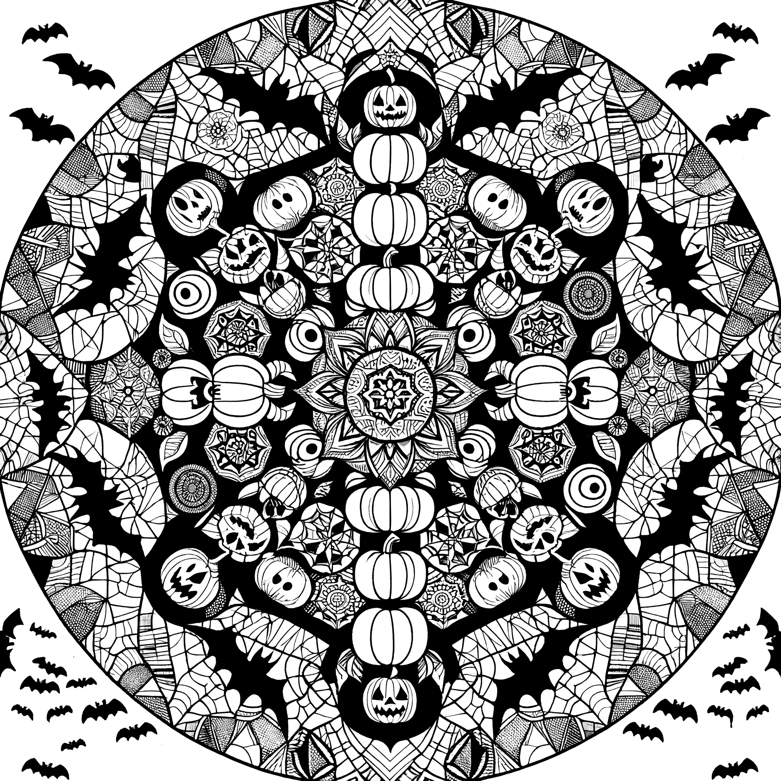 Halloween-Mandala: Gestapelte Kürbisse zum Ausdrucken für Erwachsene (Kostenlos) (Ausmalbild)