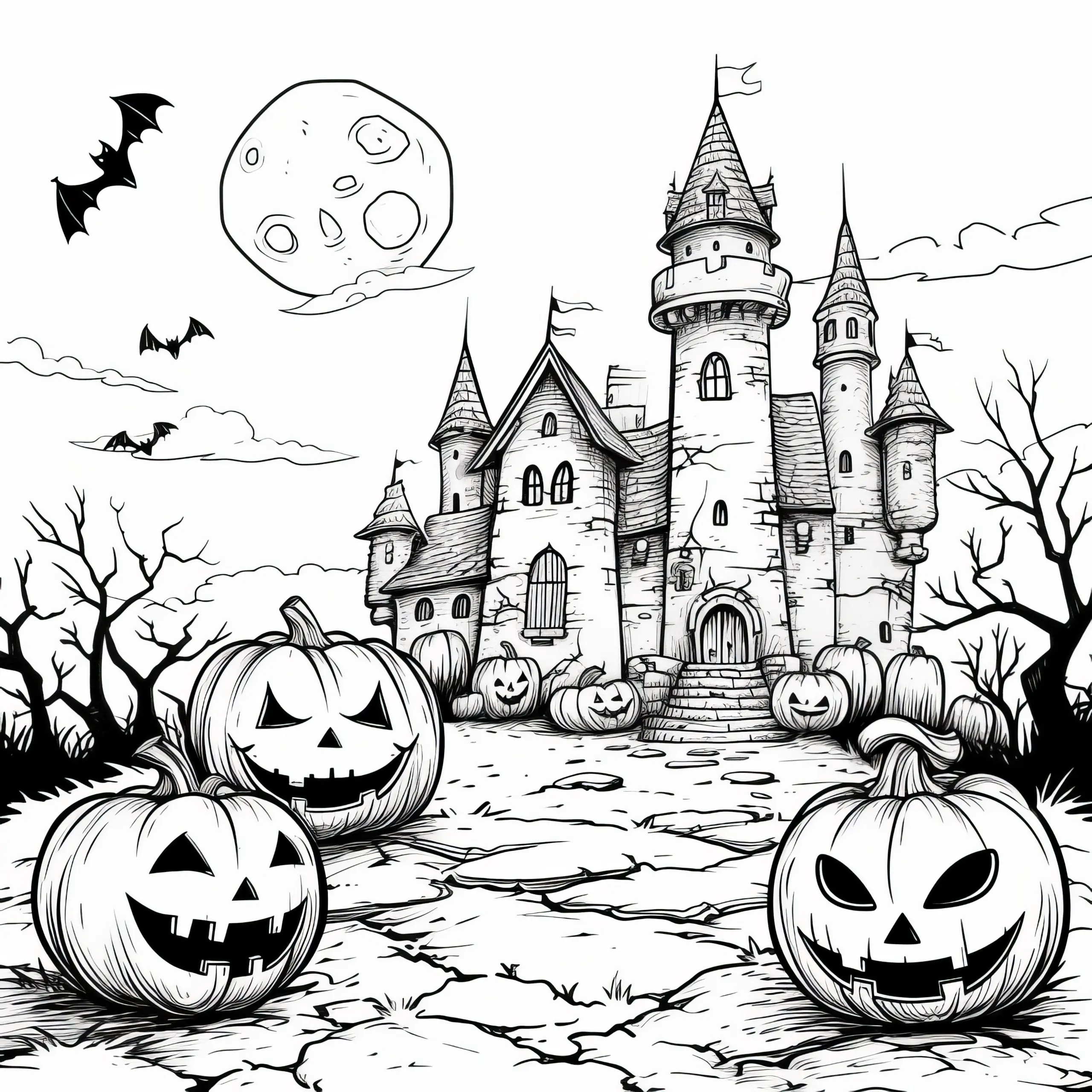 Halloween Kürbisse vor Spukschloss: Malvorlage kostenlos zum Download (Ausmalbild)