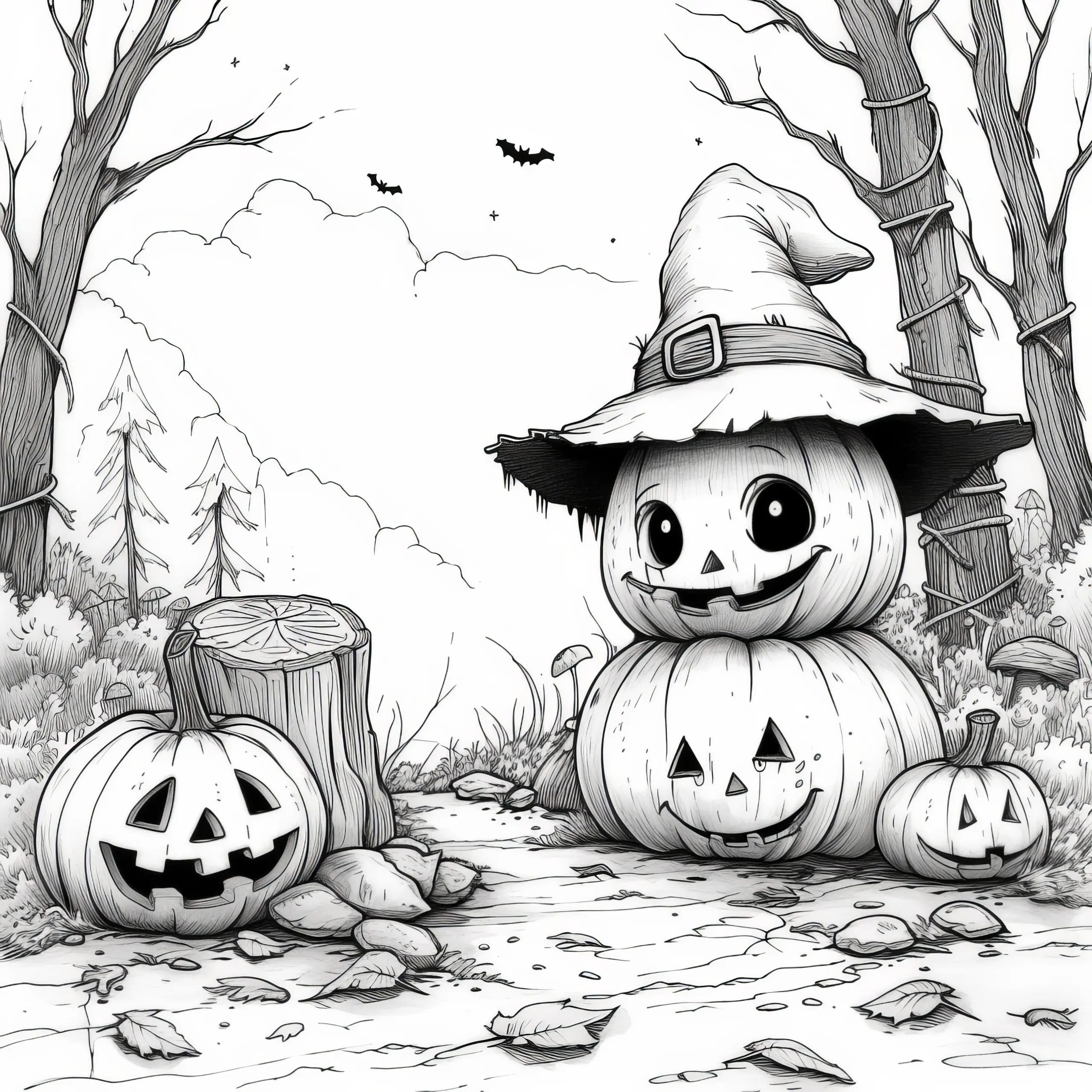 Halloween Kürbisse im Wald: Malvorlage zum Download (Kostenlos) (Ausmalbild)