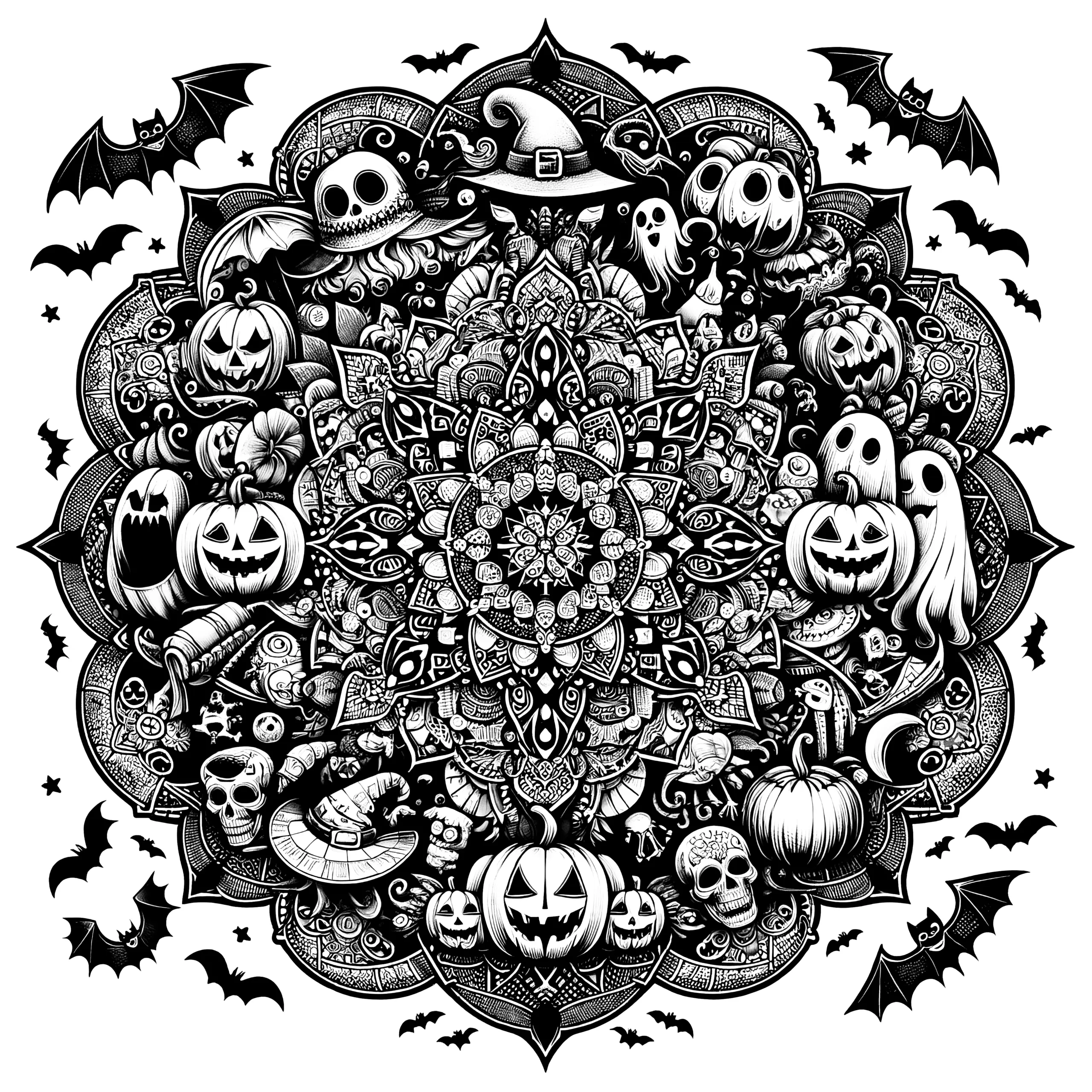 Halloween-Mandala komplex: Kürbisse und Hexenhüte – kreative Malvorlage für Erwachsene (Gratis) (Ausmalbild)
