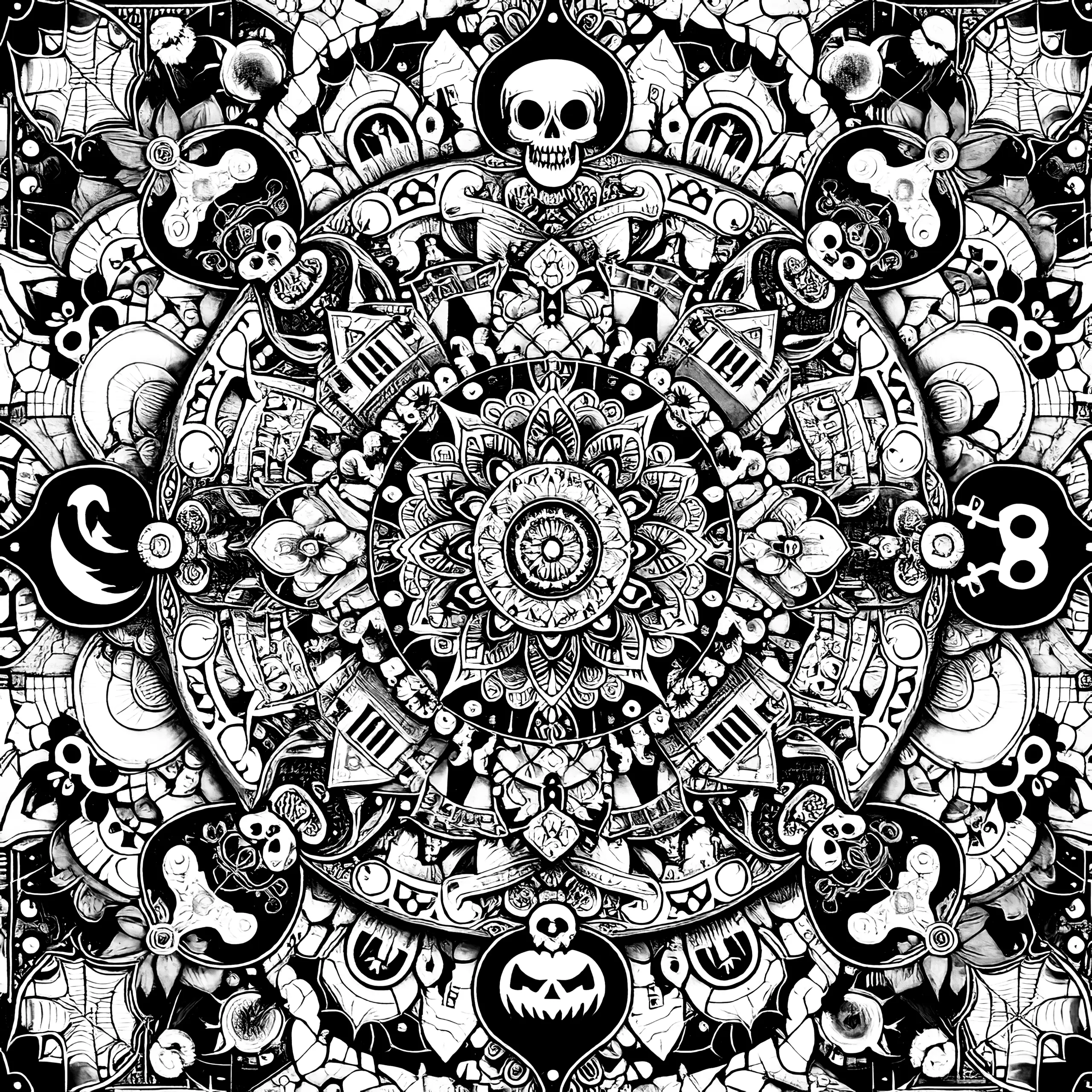 Halloween-Mandala: Kürbisse und Totenköpfe – Ausmalbild für Erwachsene (Gratis)